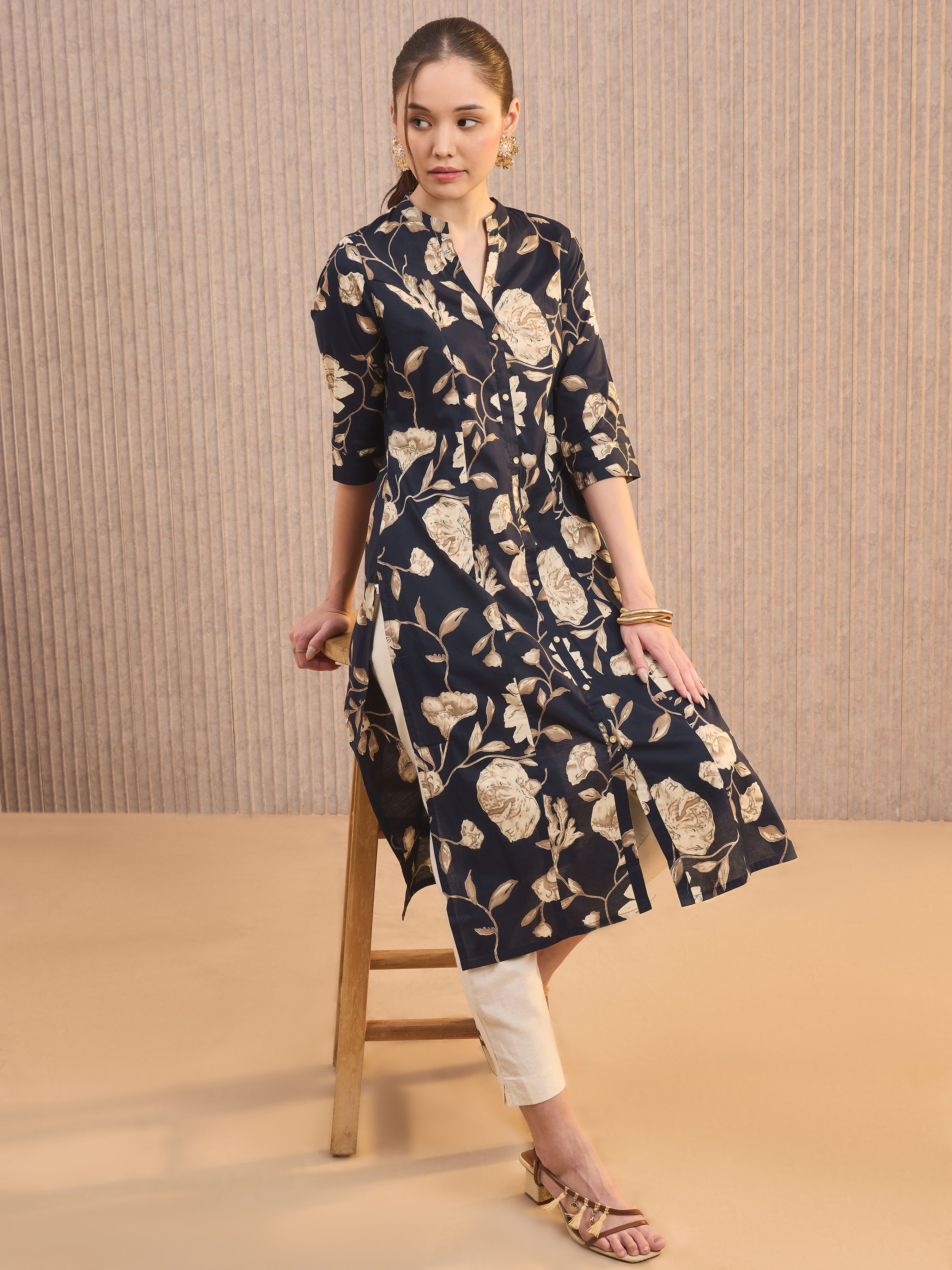 Navy Blue Pure Cotton Printed Kurti With Princess Cut