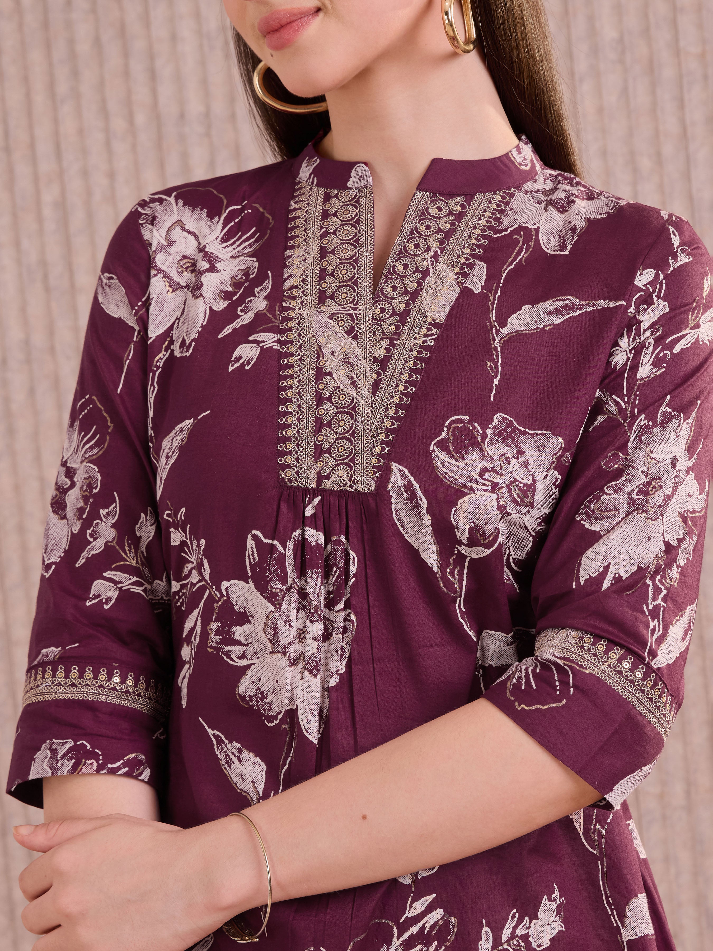 Meroon Pure Cotton Foil Printed Kurti With Sequins Embroidery