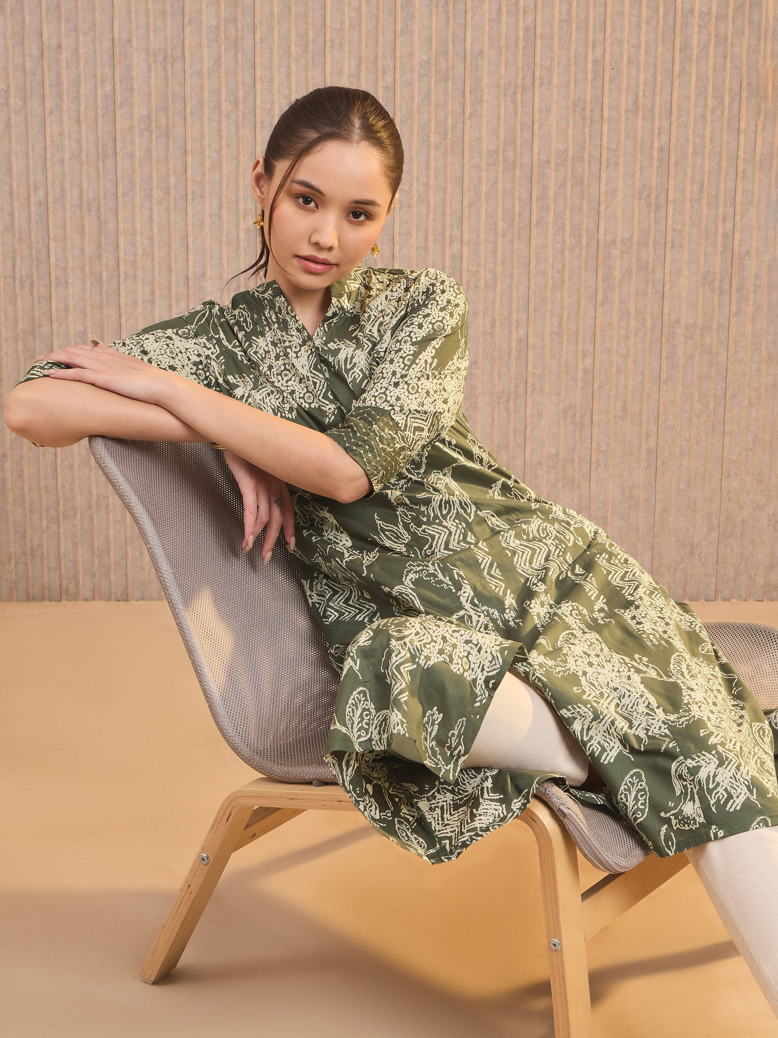 Olive Green Pure Cotton Foil Printed Kuti With Sequins Embroidery