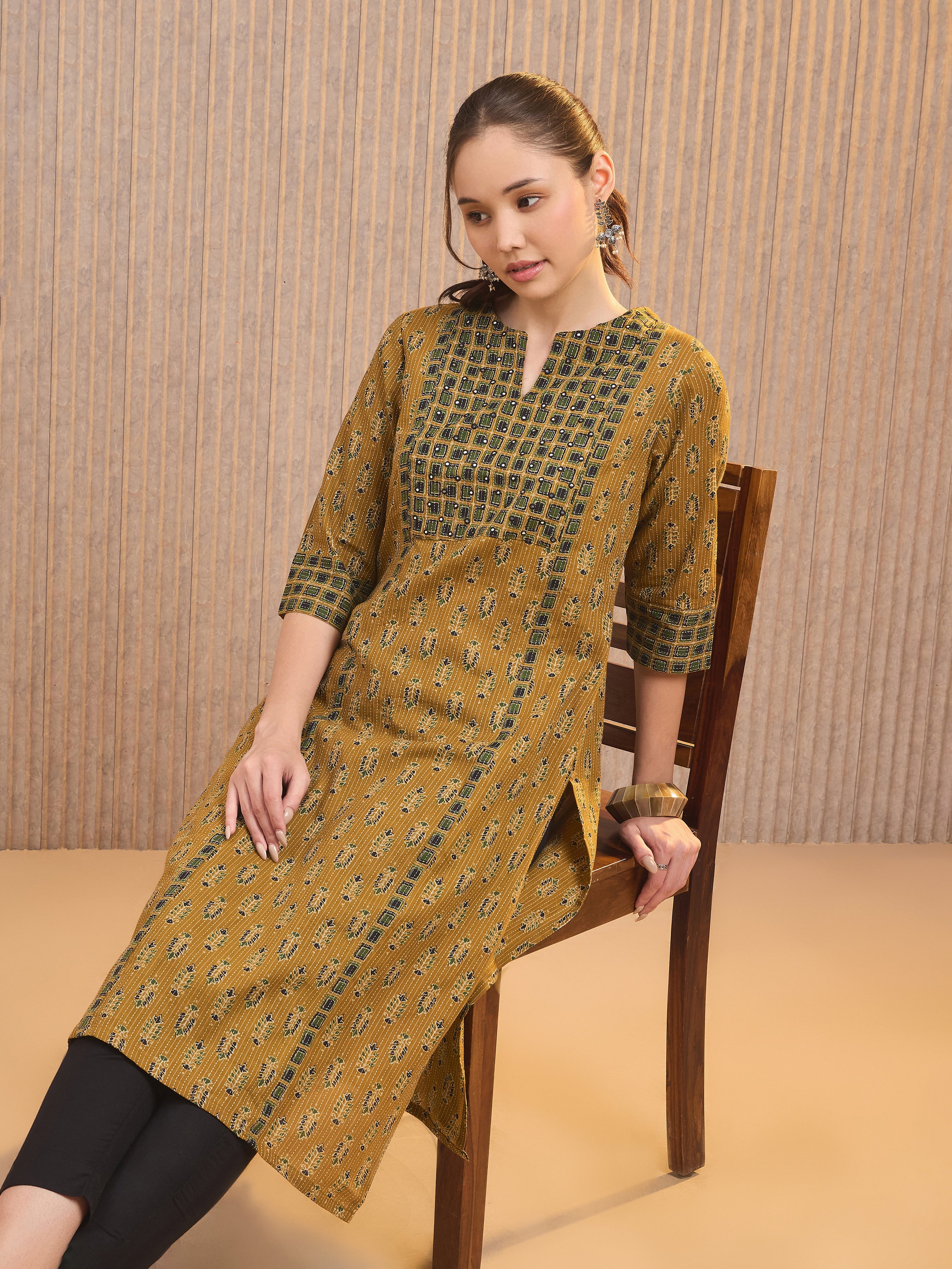 Mustard Yellow Cotton Katha Printed Kurti With Mirror Work Embroidery