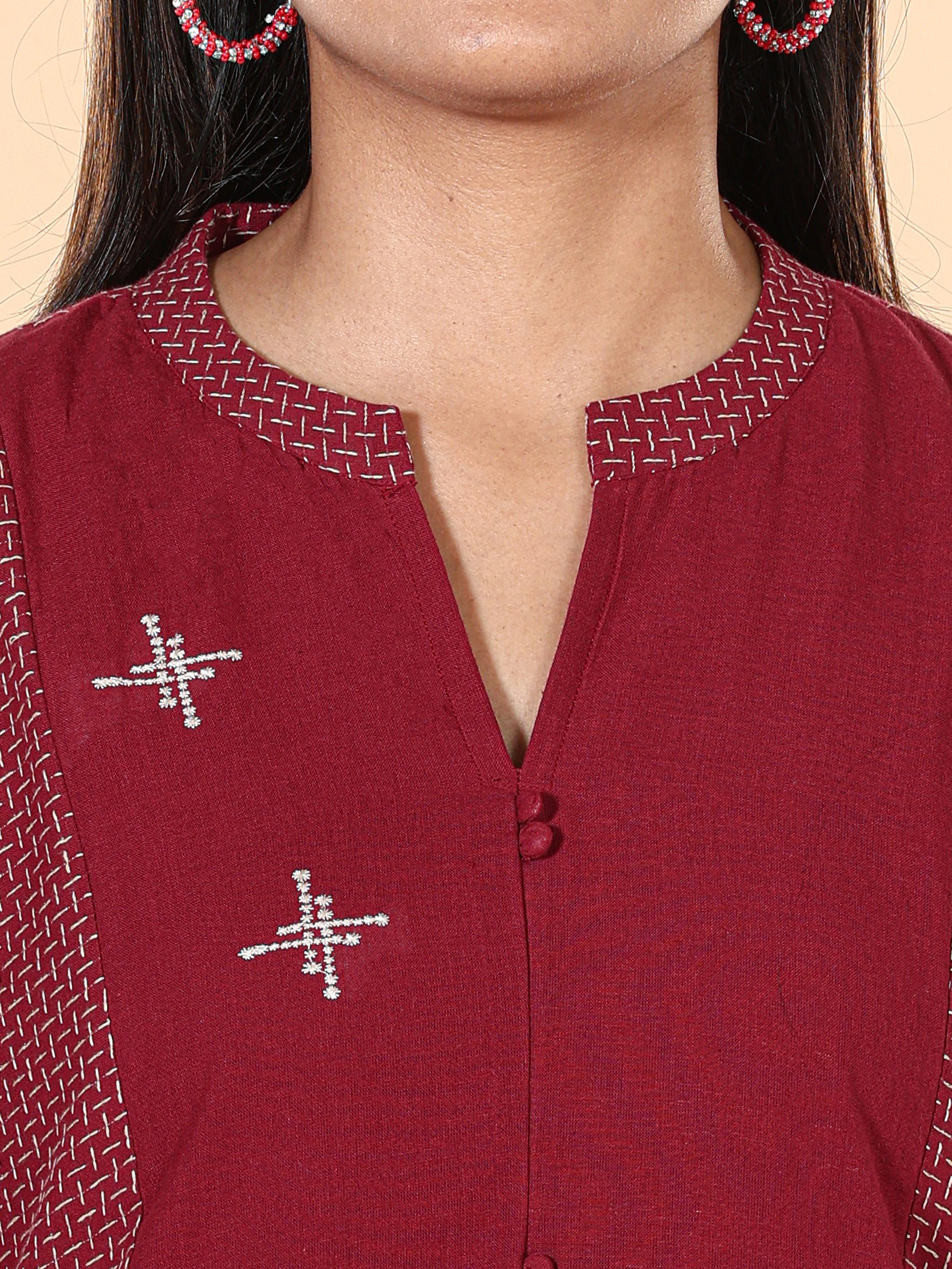 Maroon Cotton Dobby Kurti With Embroidery