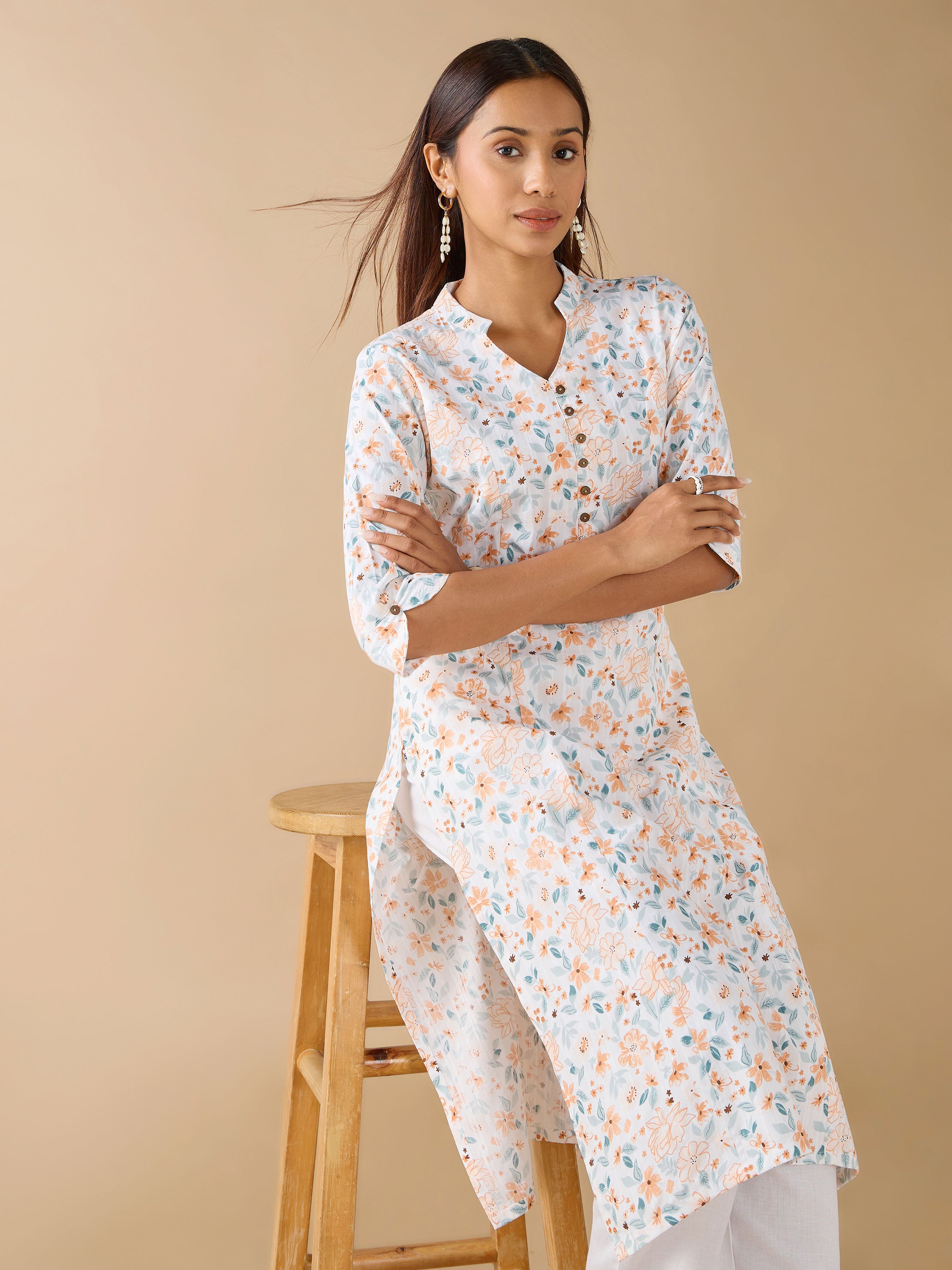 White Pure Cotton Dobby Printed Kurti With Princess Cut