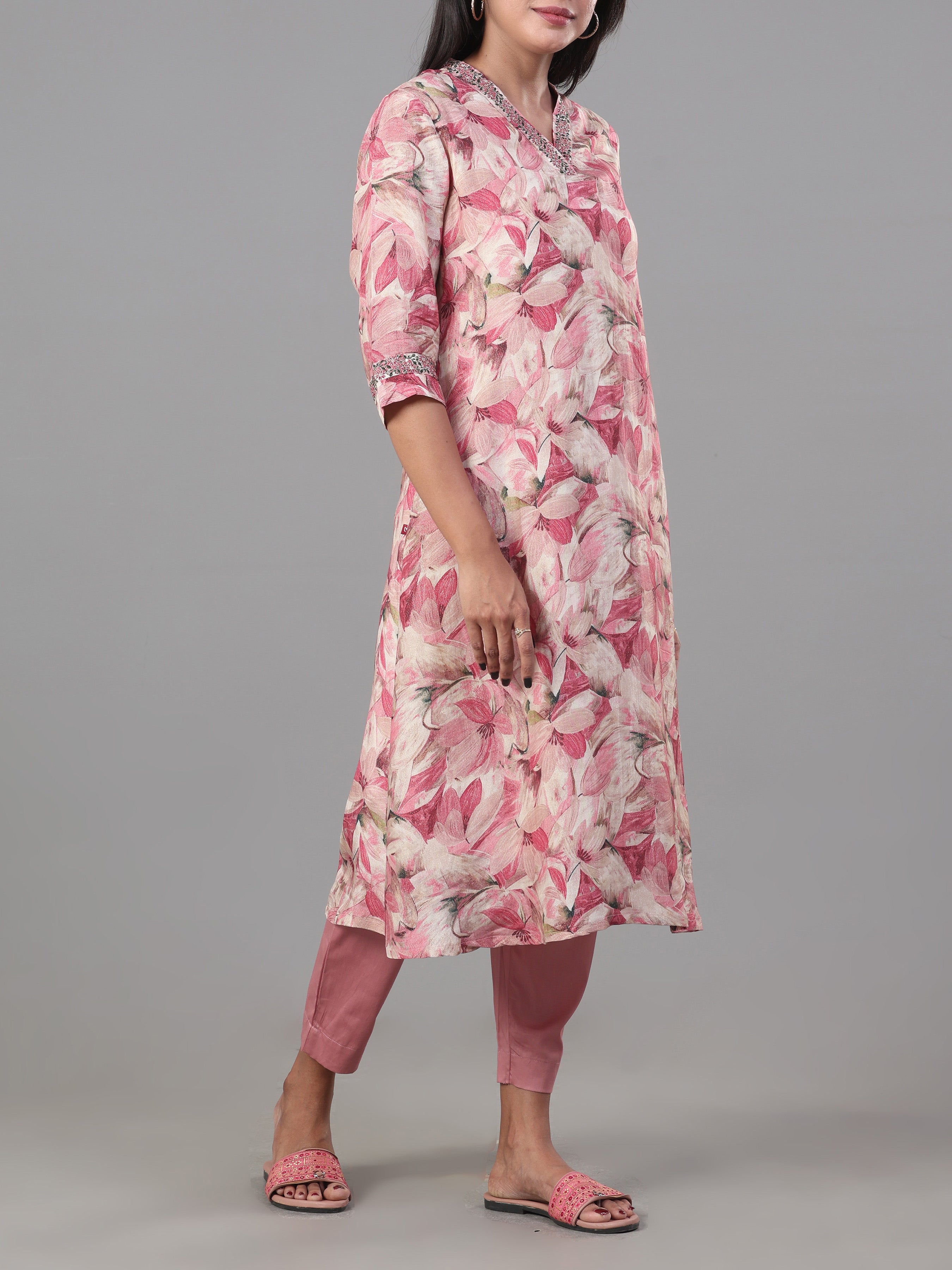 Multi Colour Muslin Printed Kurti With Embroidery And Matching Bottom