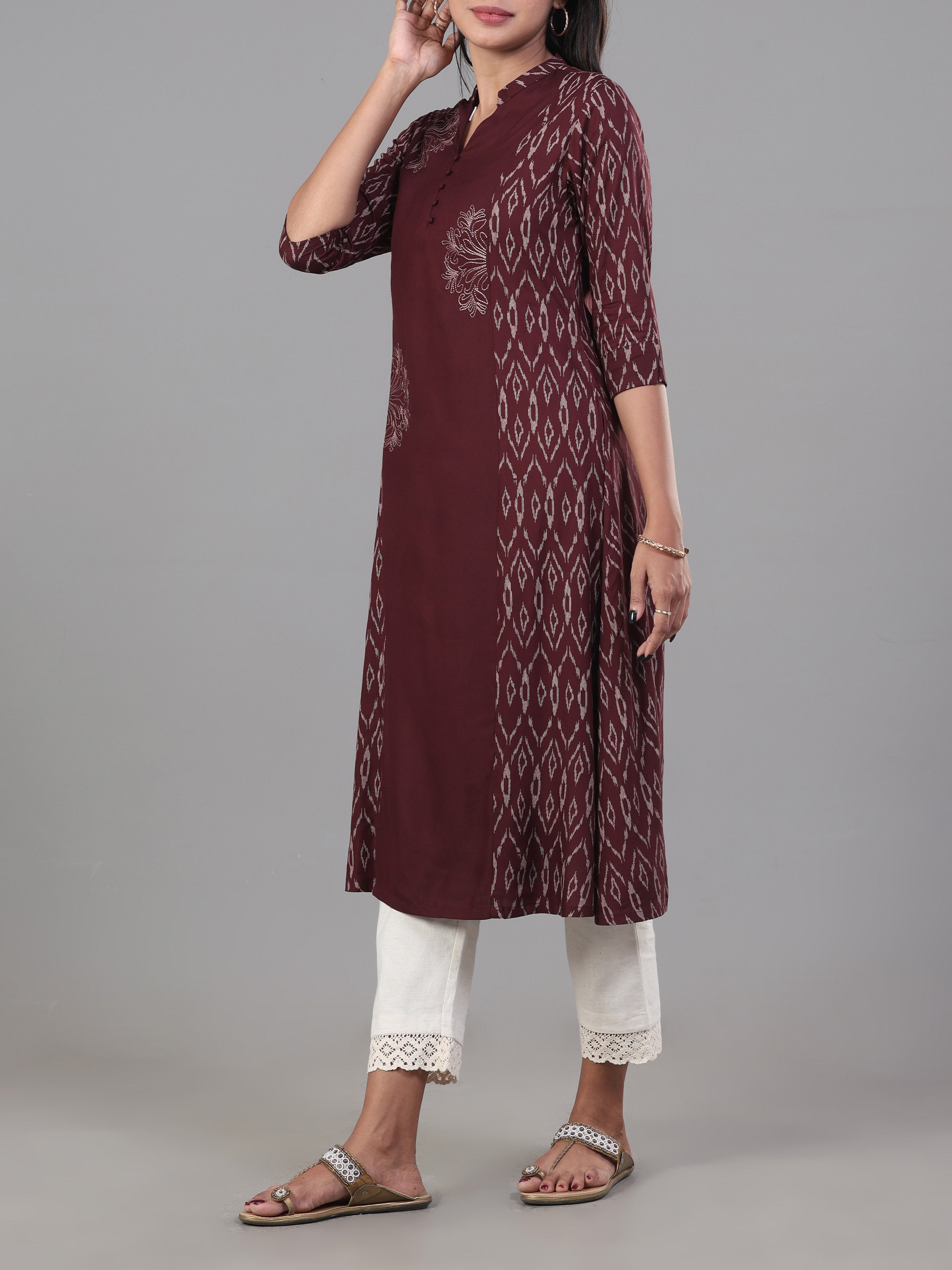 Coffee Brown Viscose Printed Kurti With Embroidery