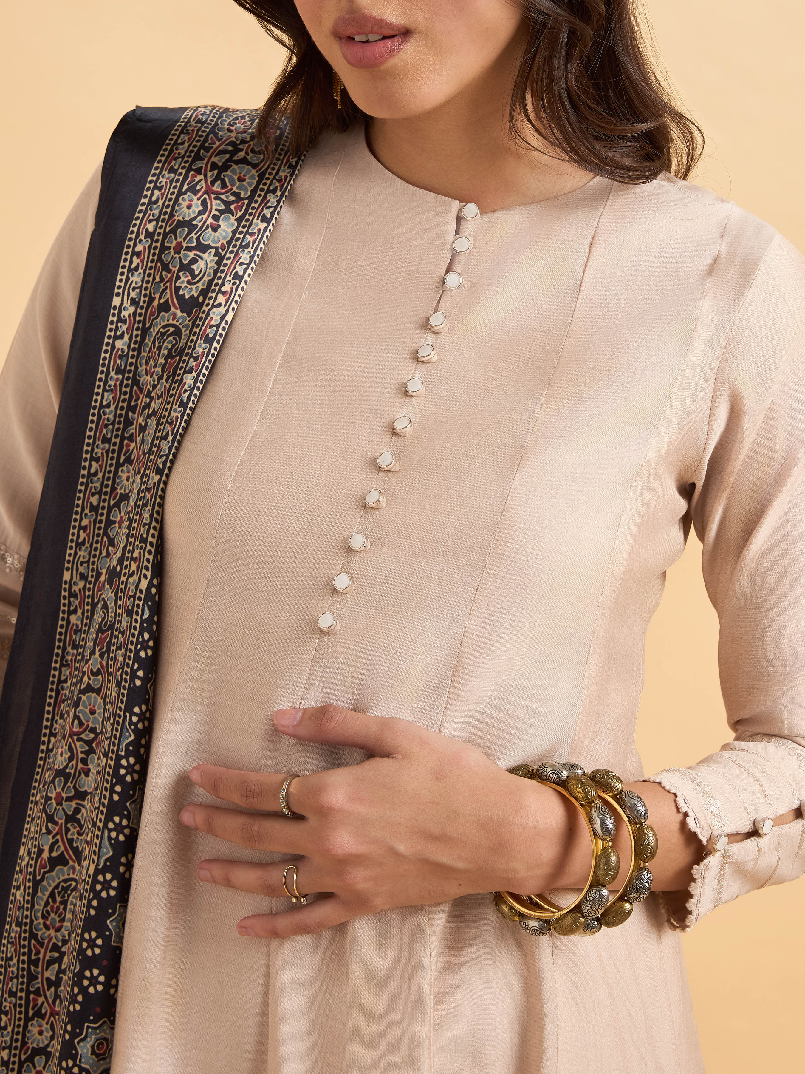 Beige Viscose Blend Kurti Set With Dupatta And Embroidery
