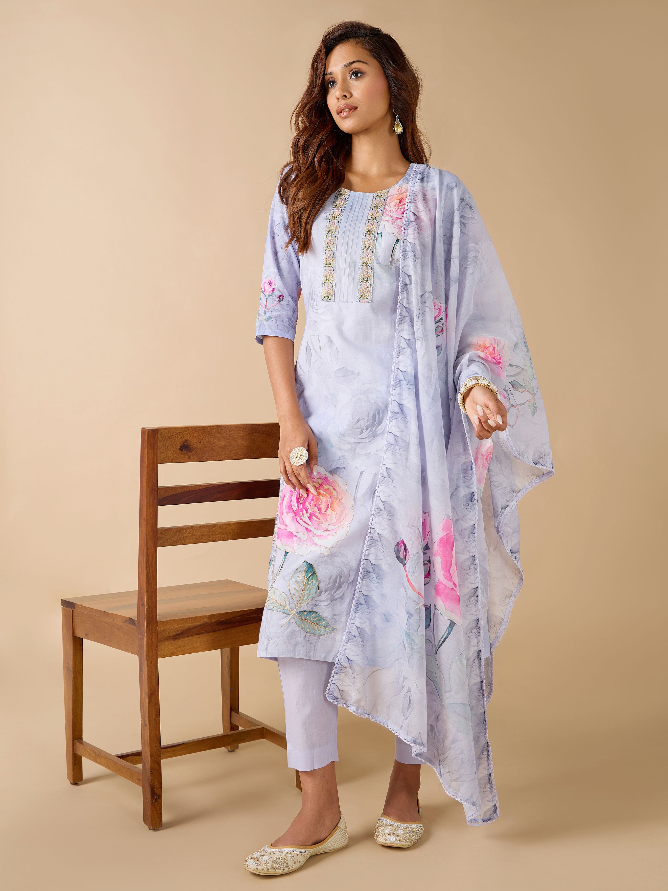 Lavender Pure Cotton Printed Kurti With Embroidery And Matching Bottom