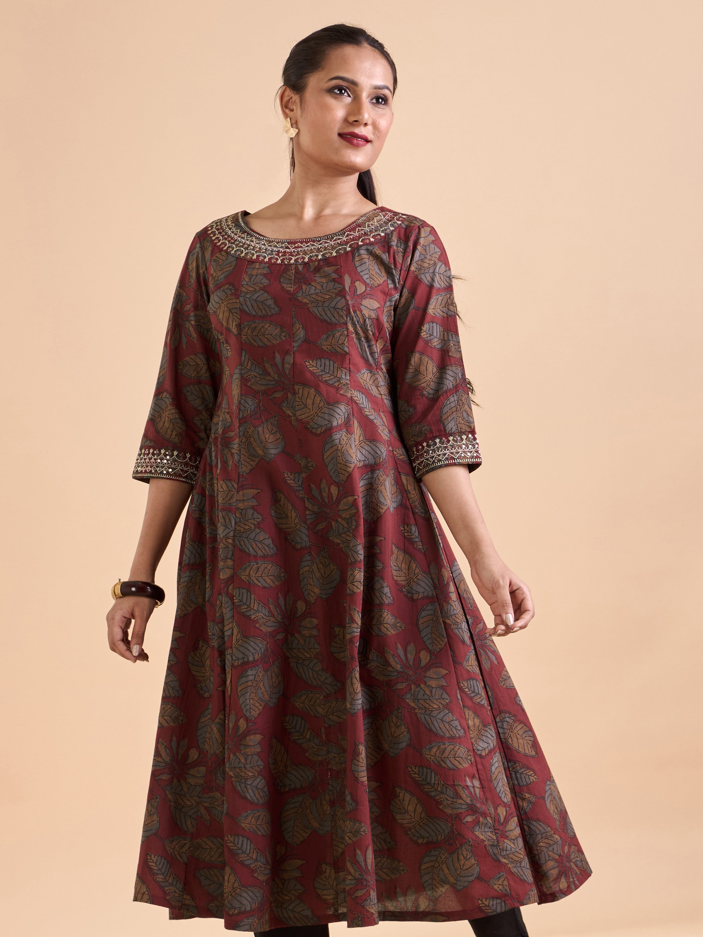 Maroon Pure Cotton Printed Kali Cut Kurti With Embroidery & Sequins Work