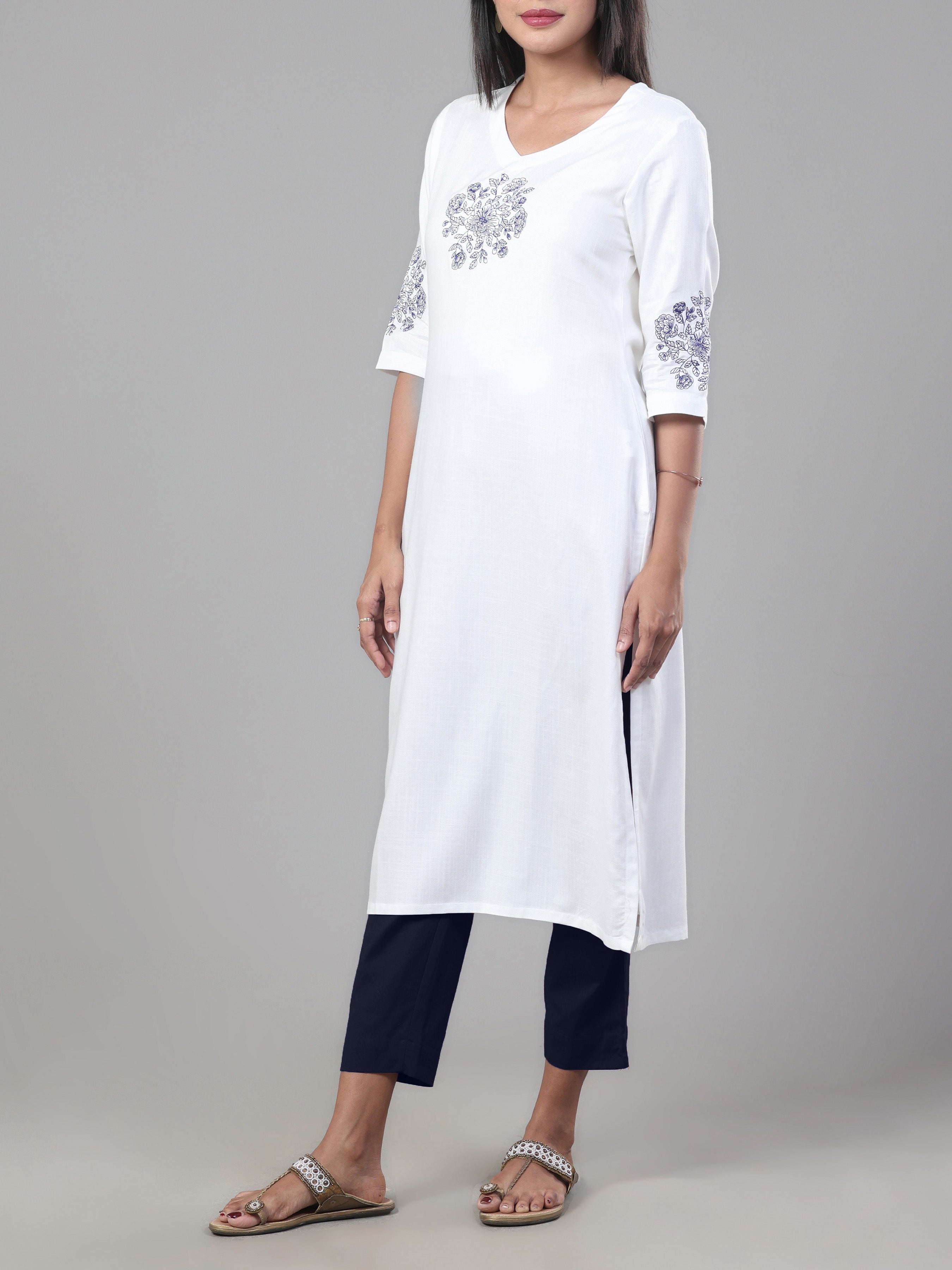 White Viscose Twill Plain Kurti With Embroidery