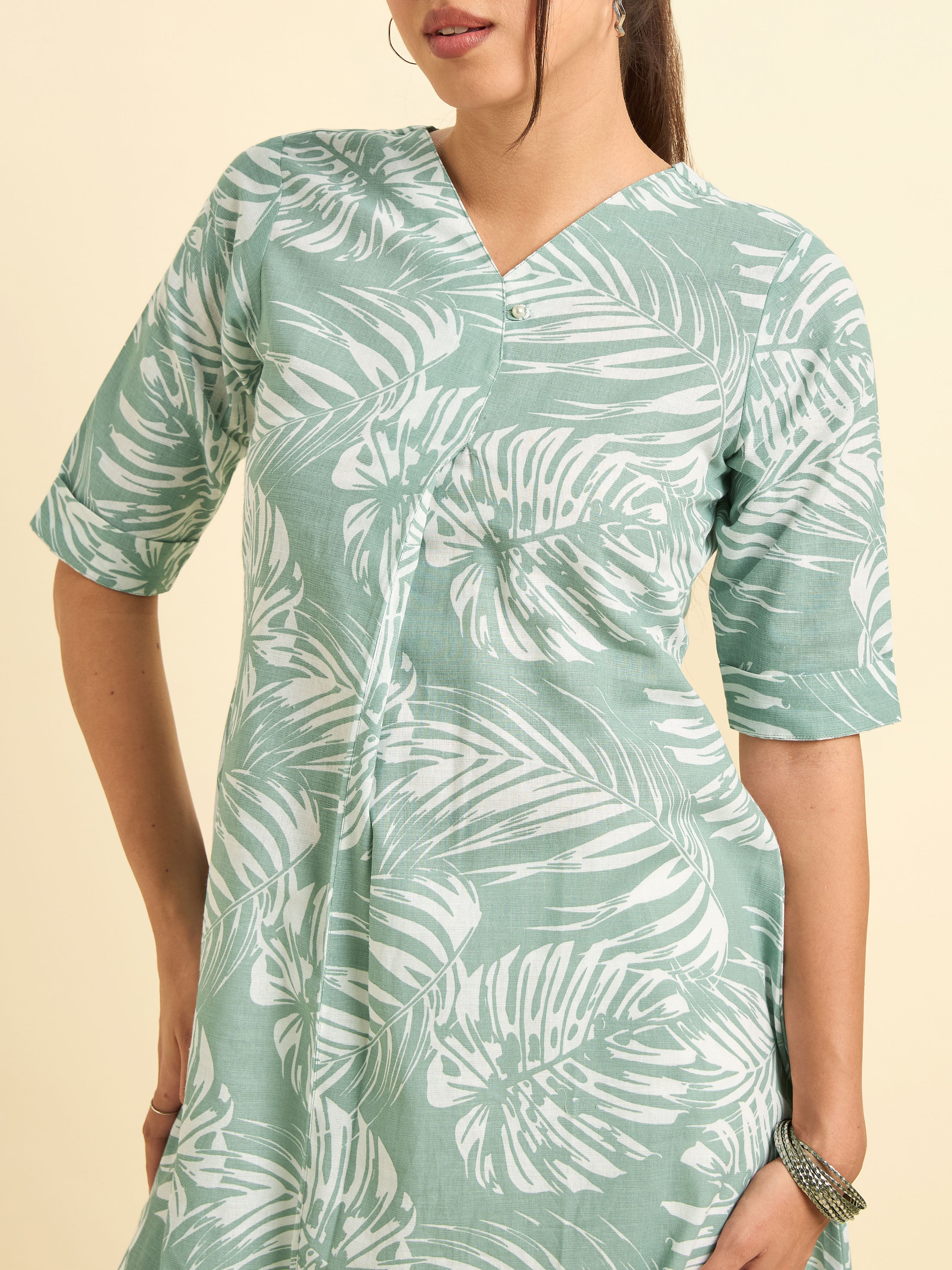 Sage Green And White Cotton Linen Printed Flared Kurti With Knife Pleat