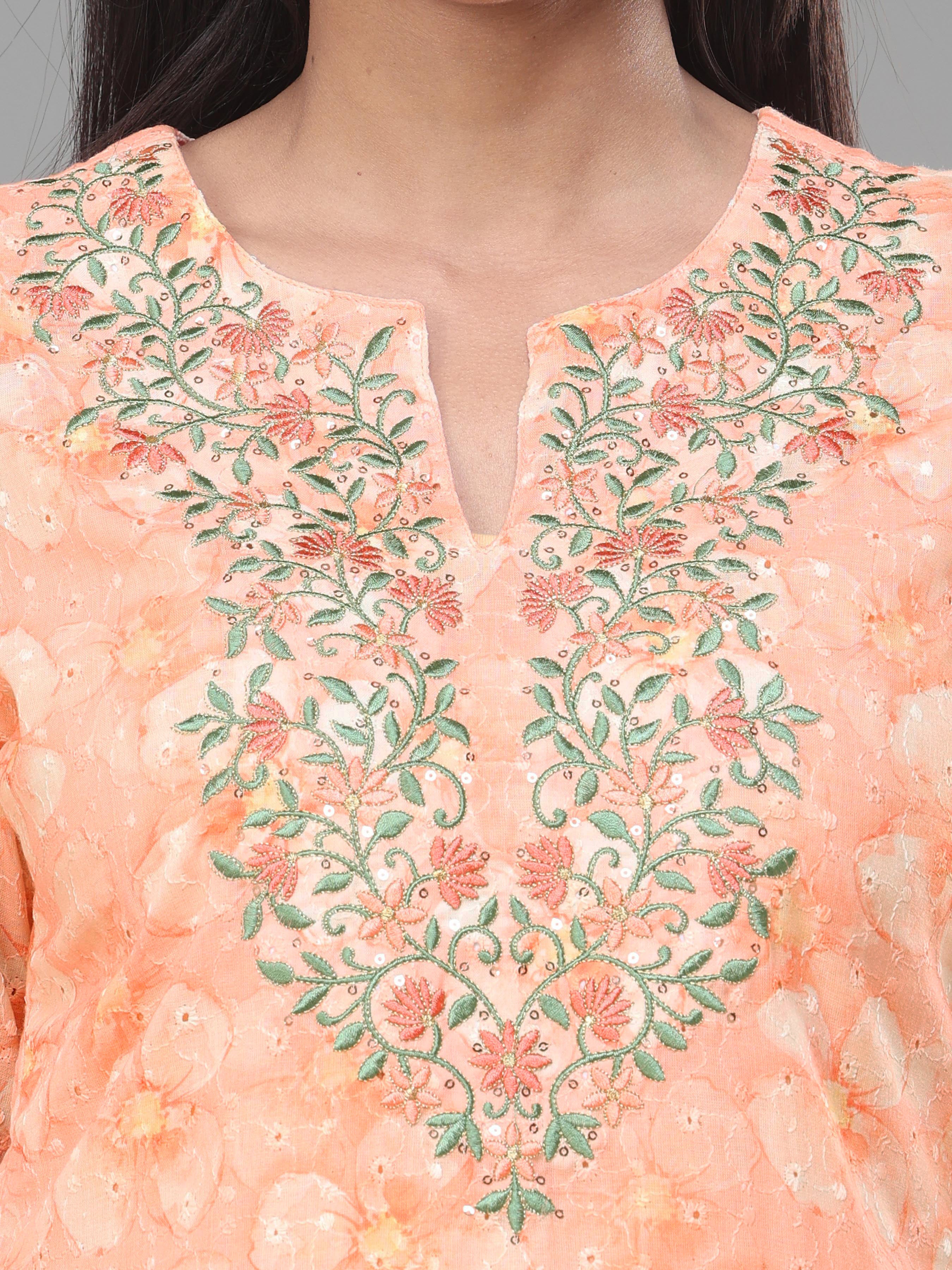 Rust Orange Cotton Schiffli Printed Kurti With Embroidery And Matching Bottom