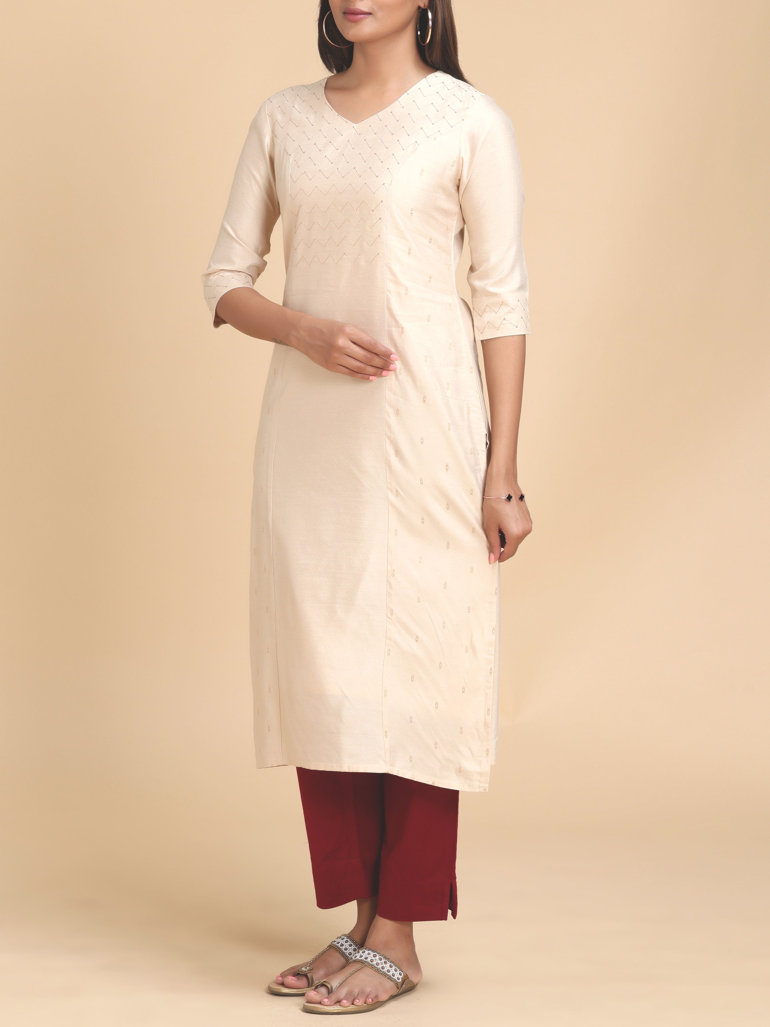 Beige Viscose Lain Kurti With Sequins Work