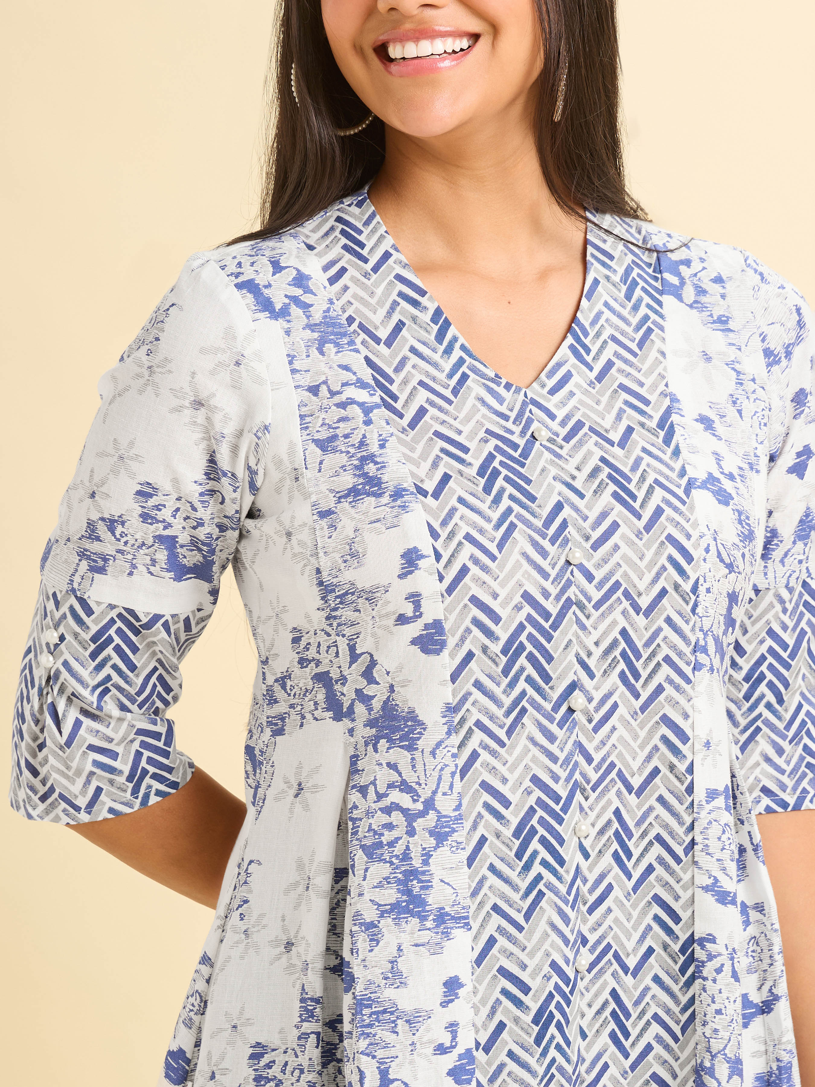 White Blue Cotton Slub Flared Center Panel And Center Cut Kurti