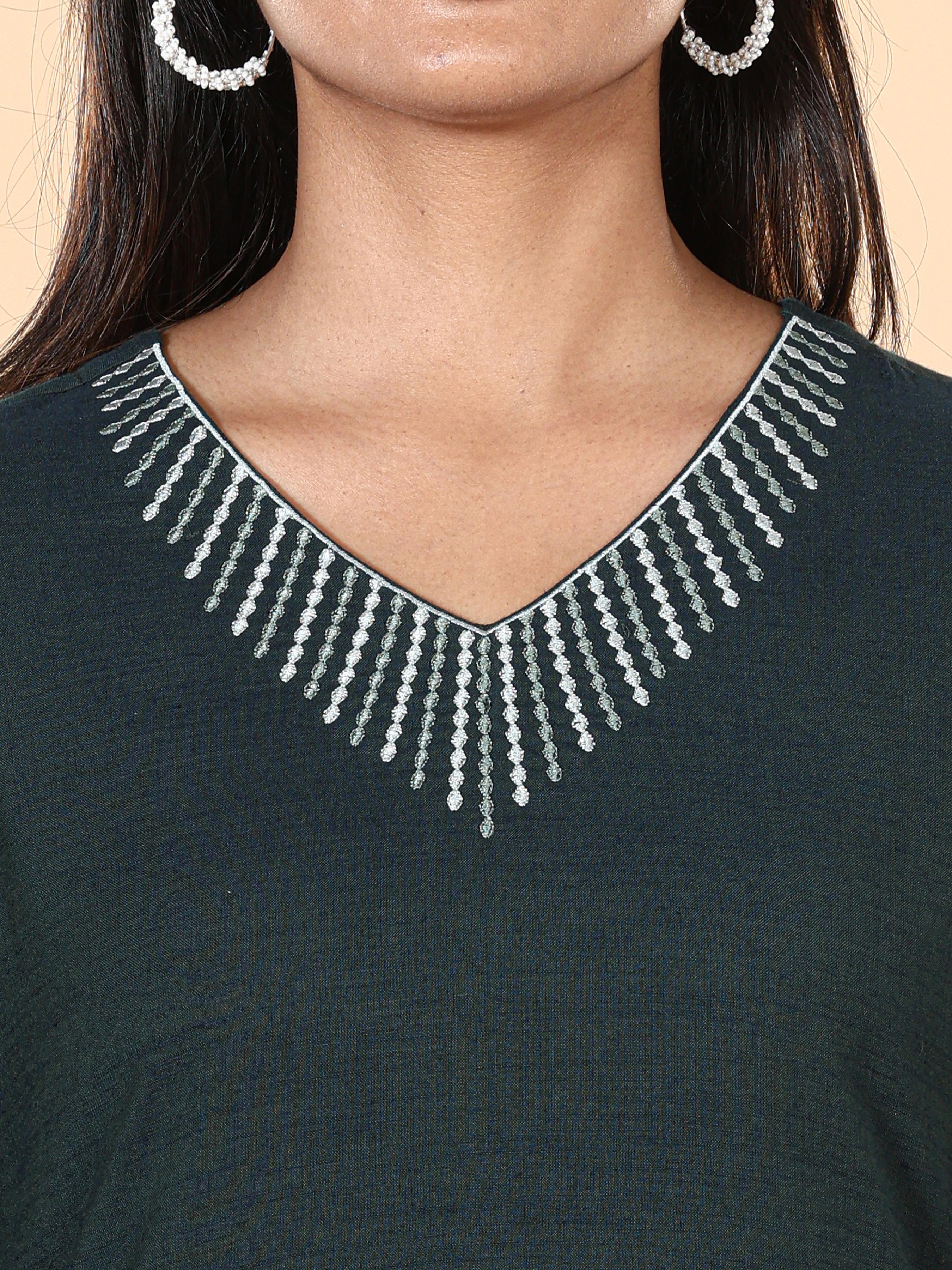 Teal Blue Viscose Cotton Kurti With Embroidery