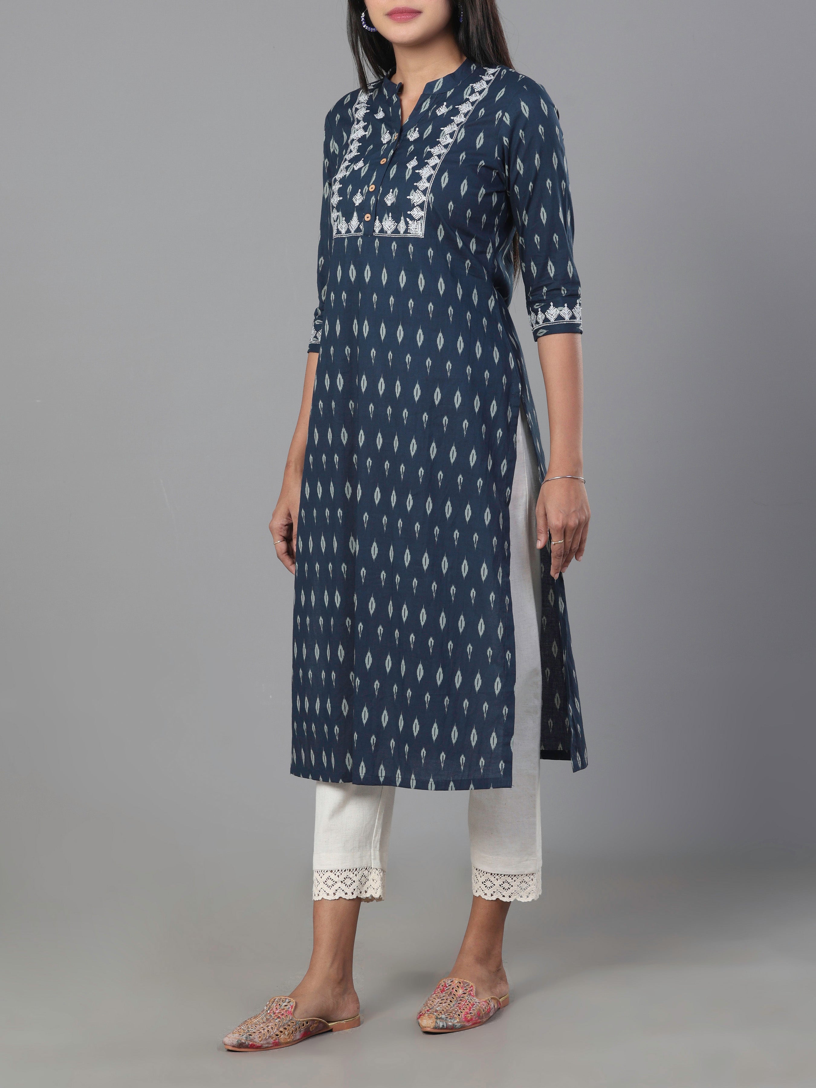 Navy Blue Pure Cotton Printed Kurti With Embroidery