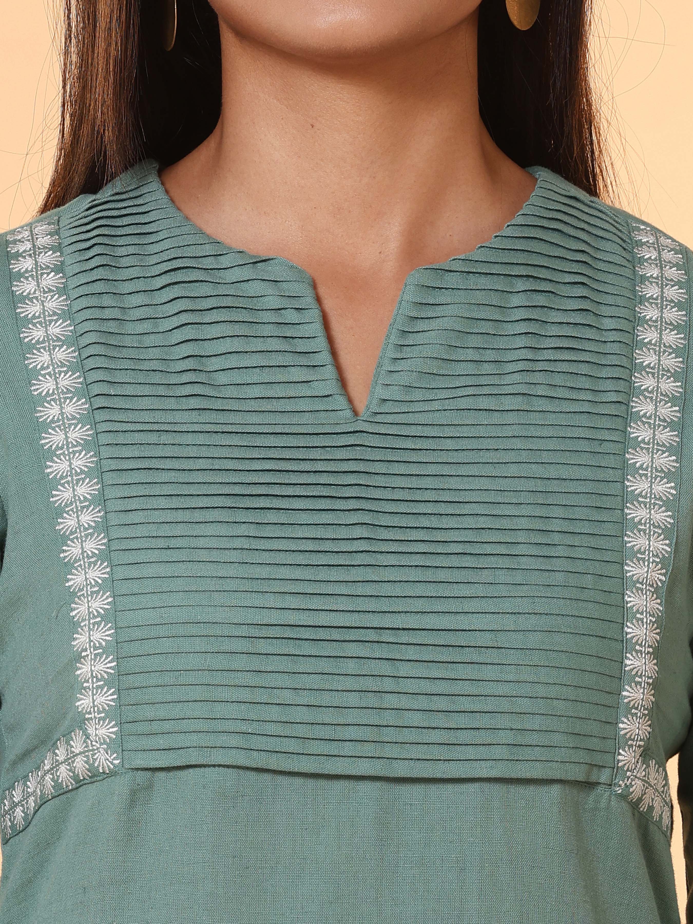 Sage Green Cotton Flax Plain Kurti With Embroidery