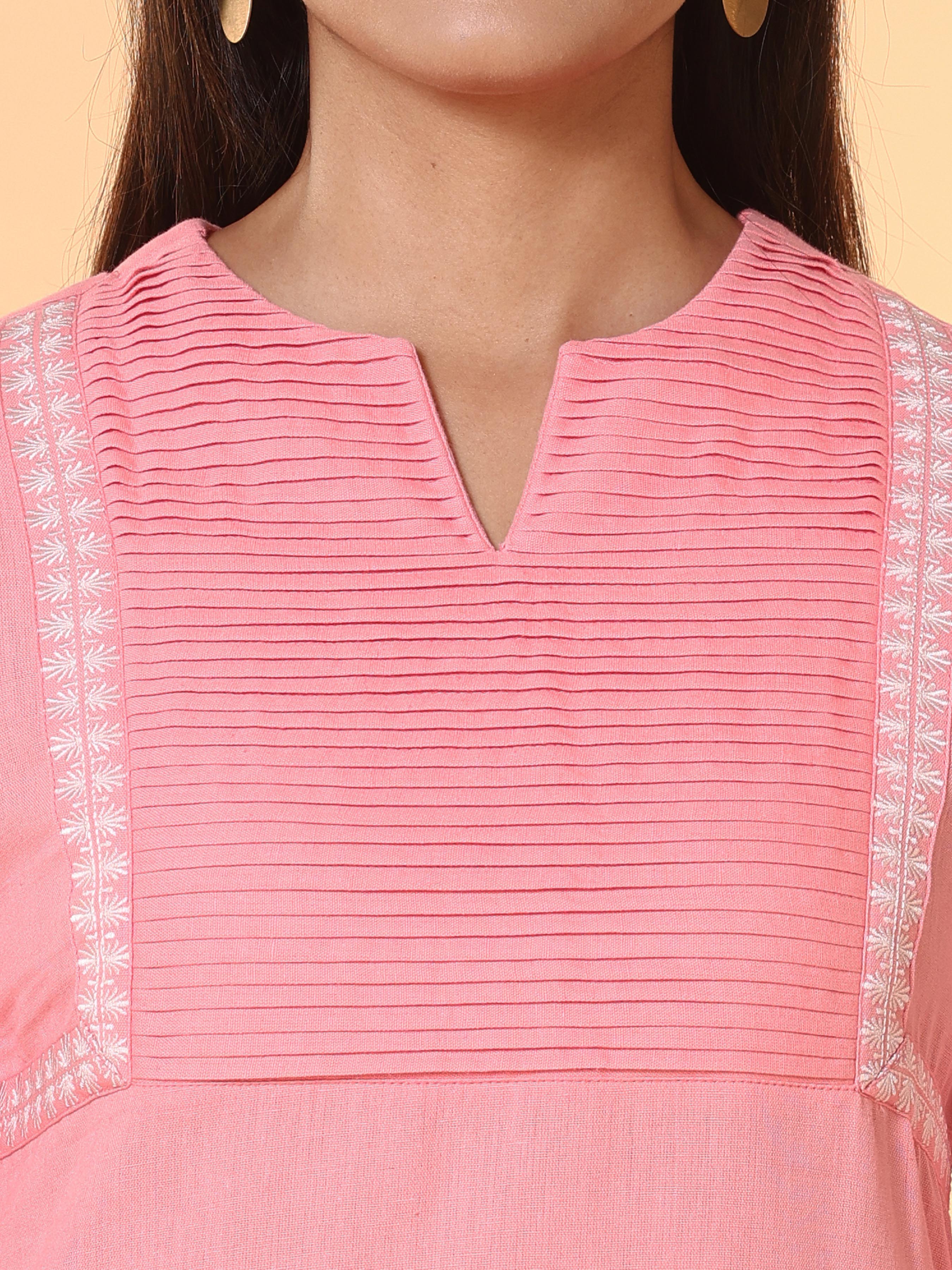 Pink Cotton Flax Kurti With Embroidery