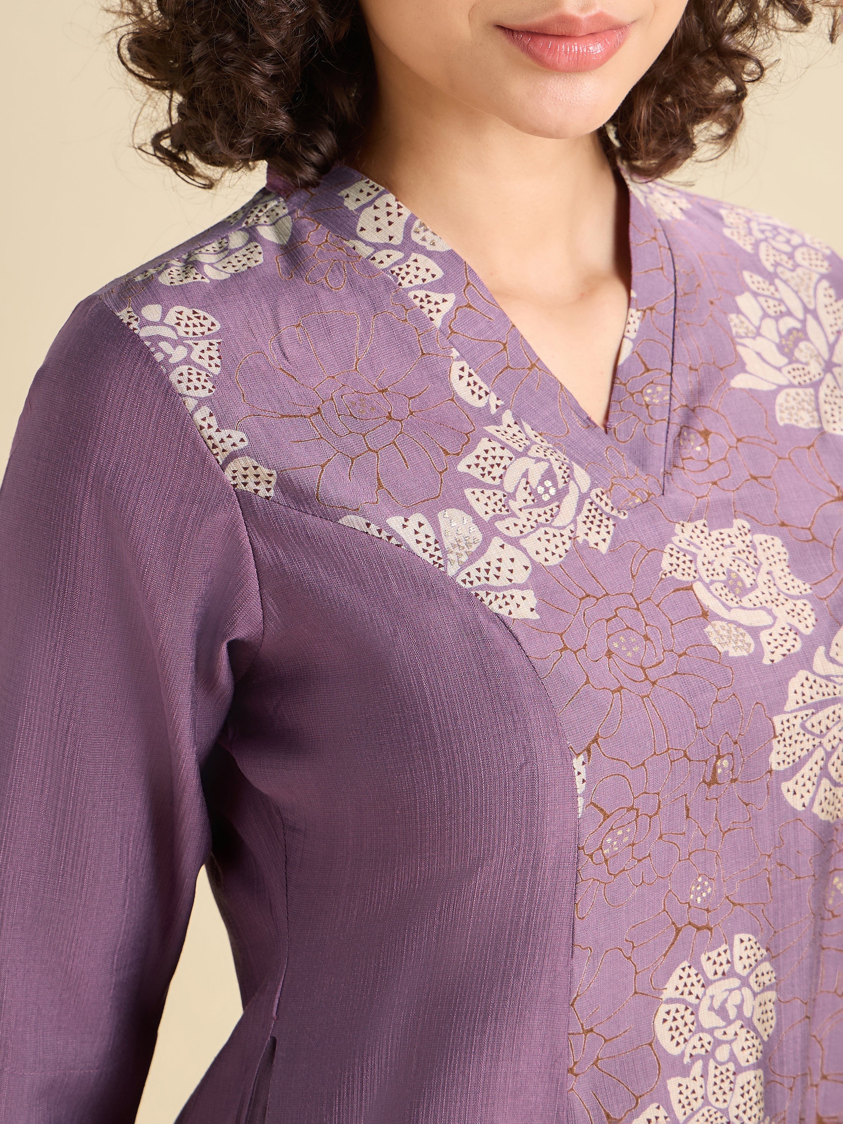 Purple Modal Chanderi Princess Cut Printed Kurti