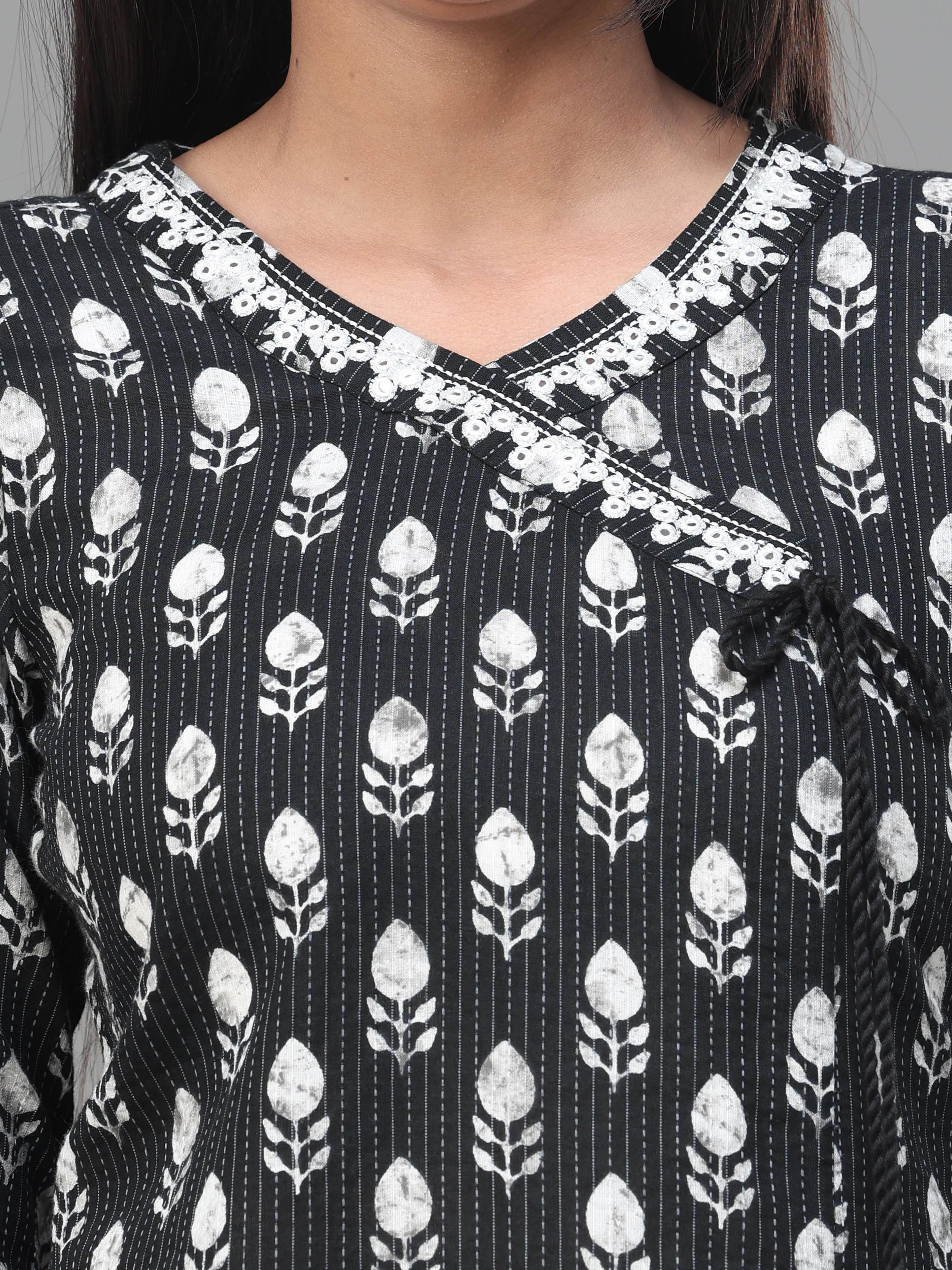 Black Cotton Dobby Printed Kurti With Embroidery