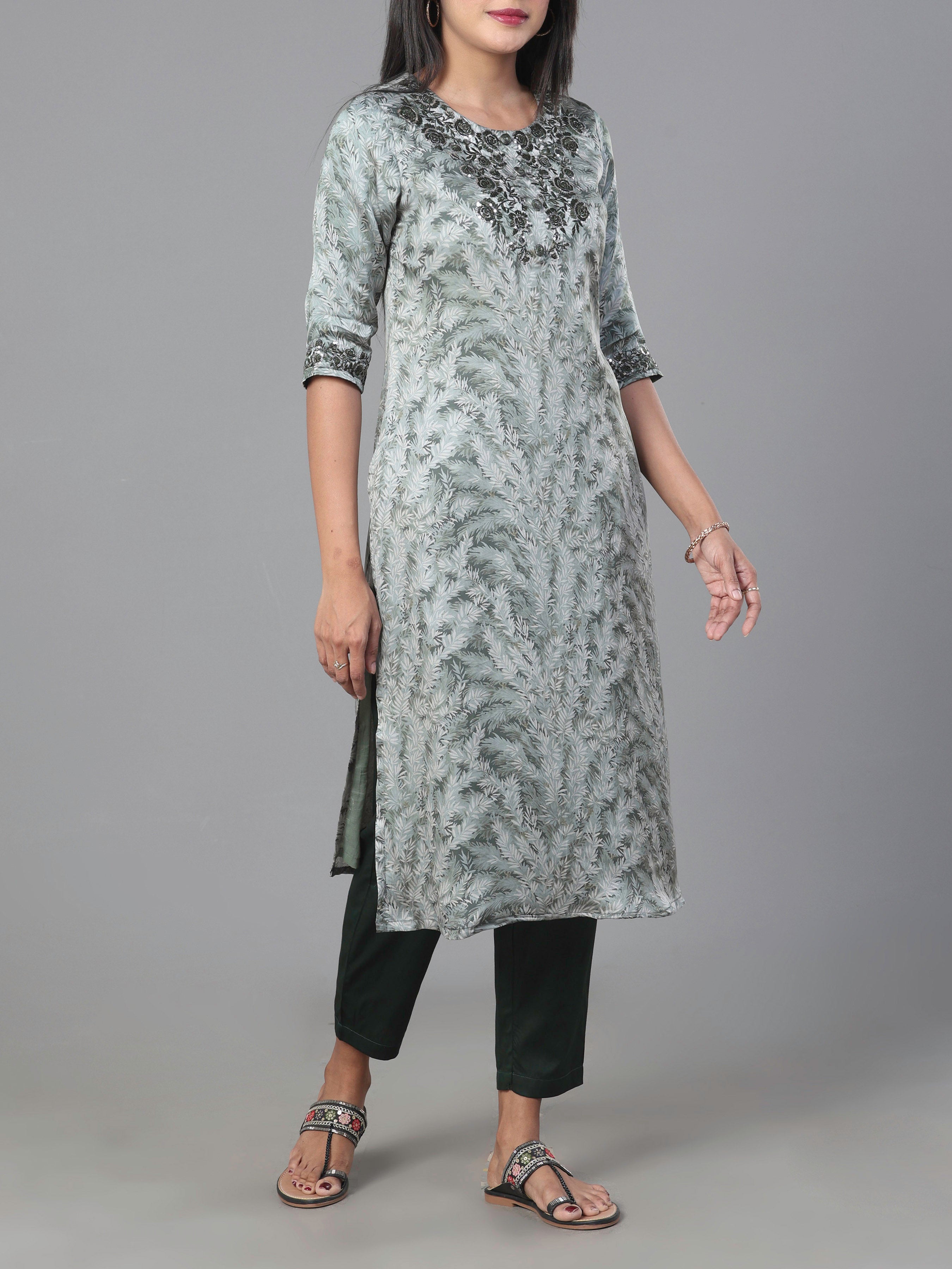 Sage Green Organza Satin Kurti With Embroidery And Matching Bottom