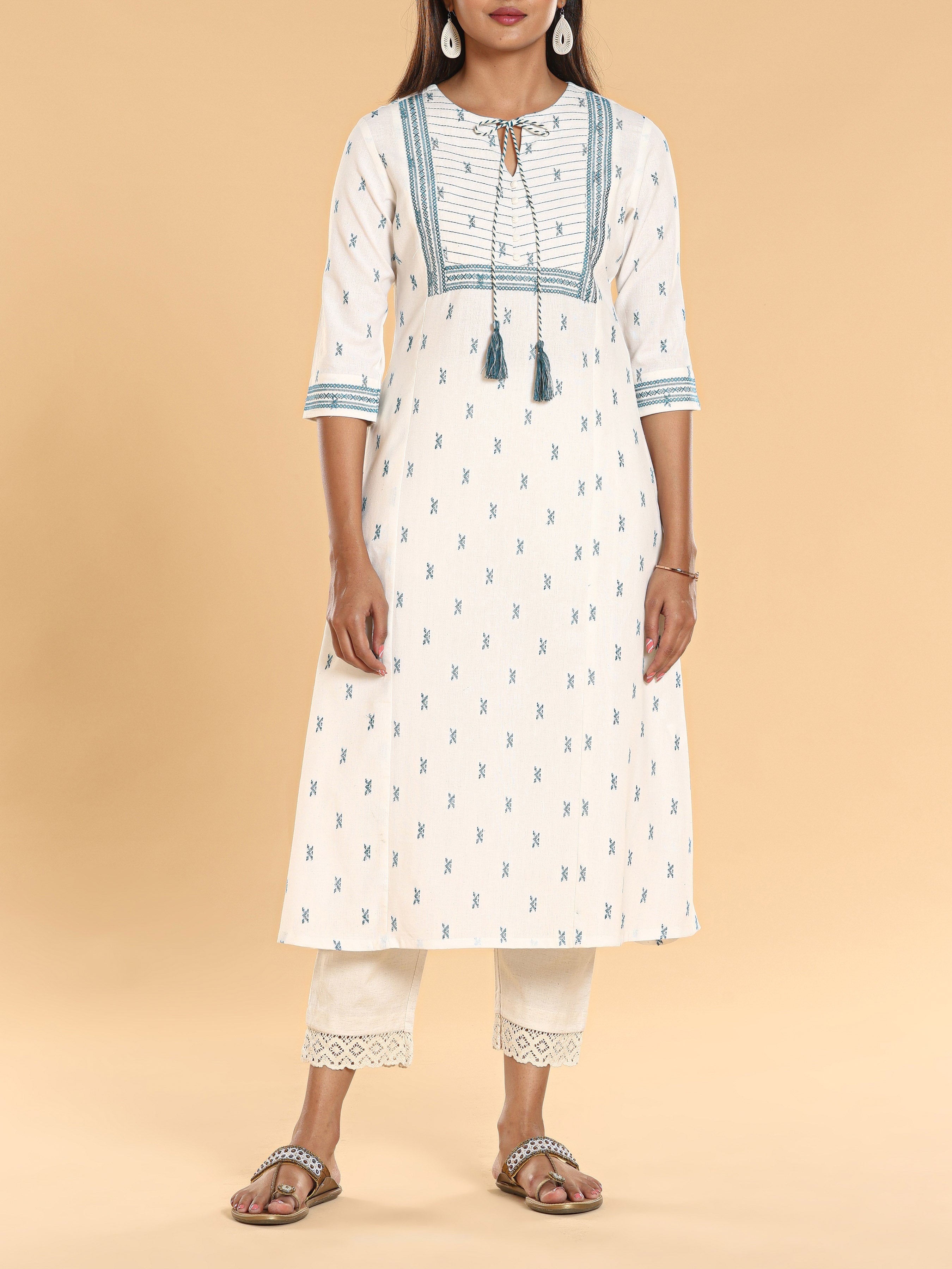 Ivory Cotton Dobby Printed Kurti With Embroidery