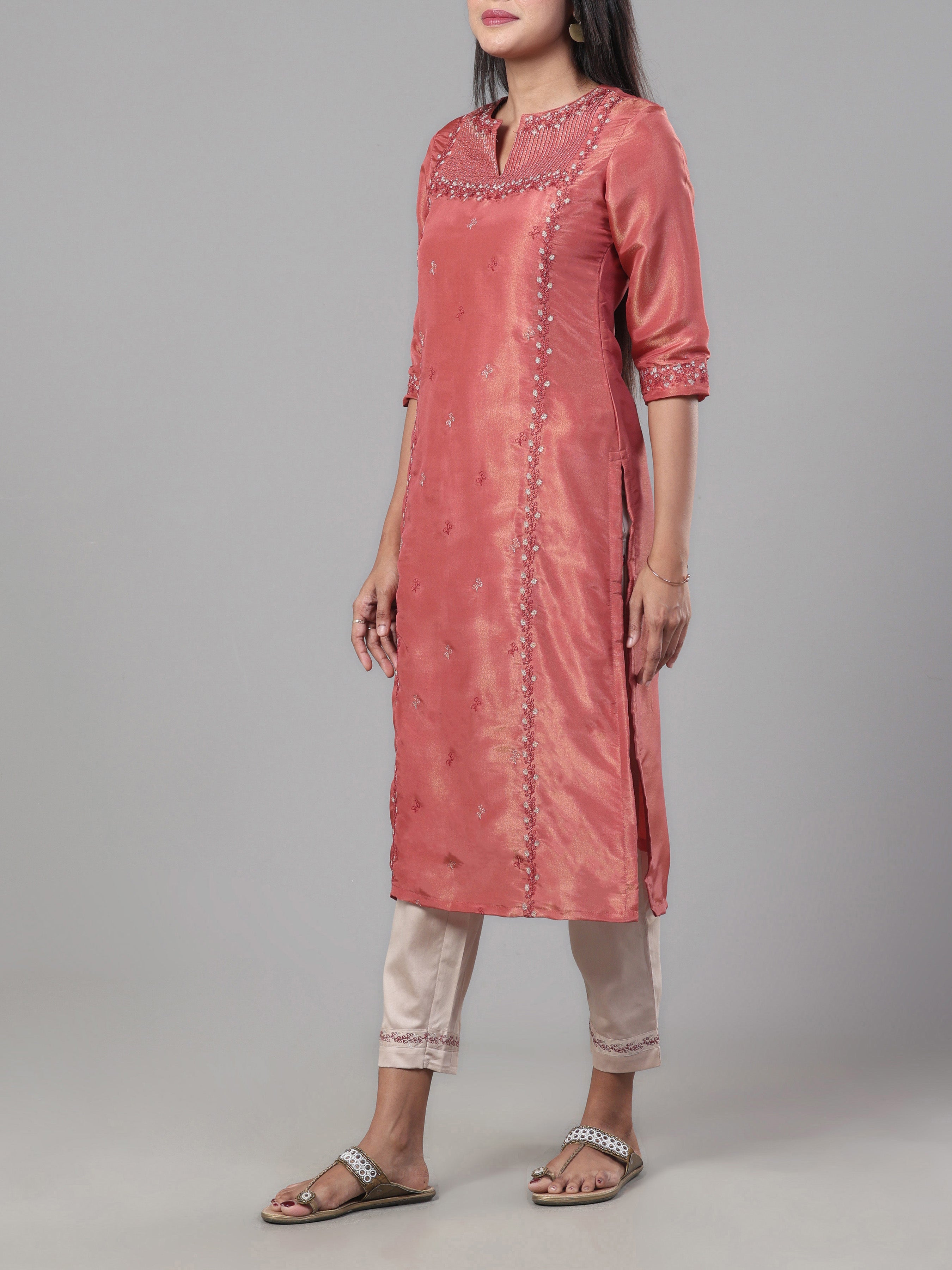 Rust Orange Viscose Shimmer Kurti With Sequins Work And Matching Bottom