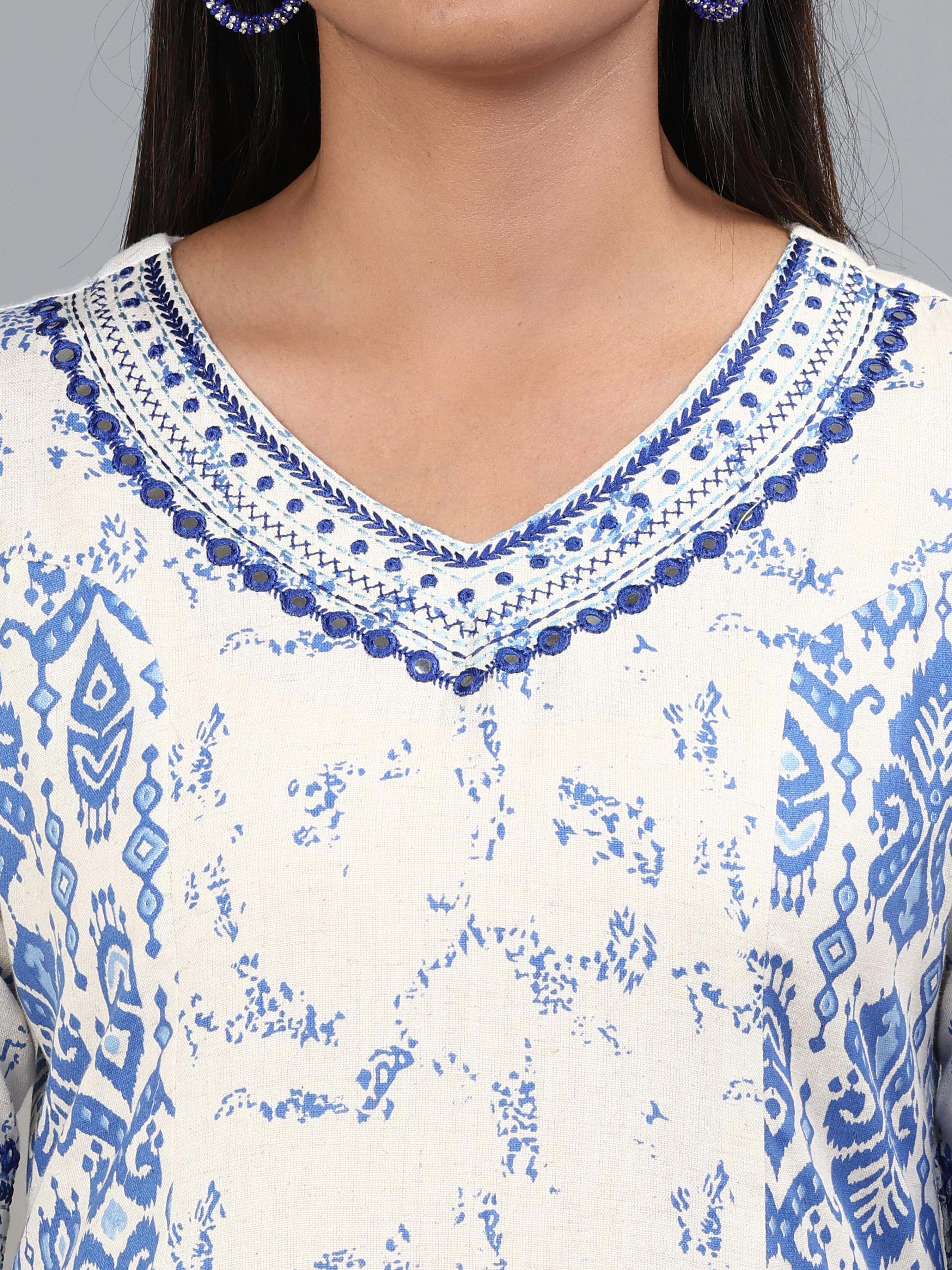 Multi Colour Cotton Flax Kurti With Embroidery