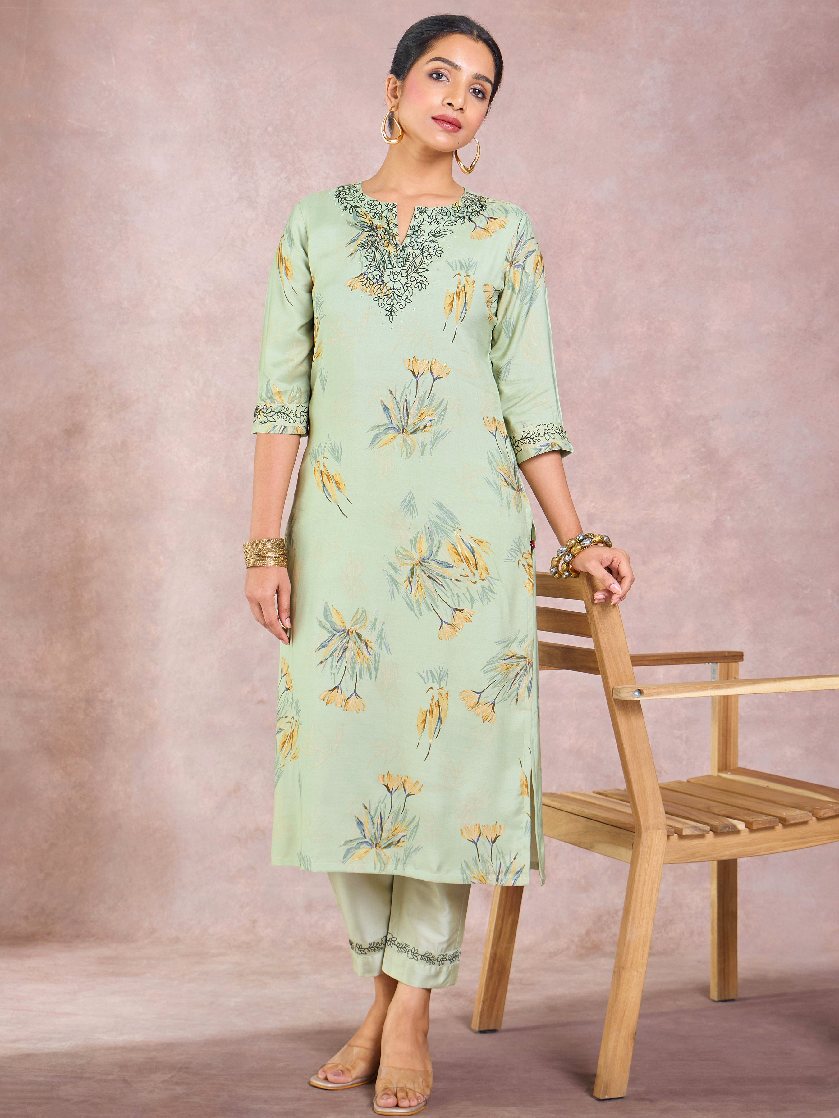 Pista Green Viscose Linen Printed Kurti & Bottom With Hand Work