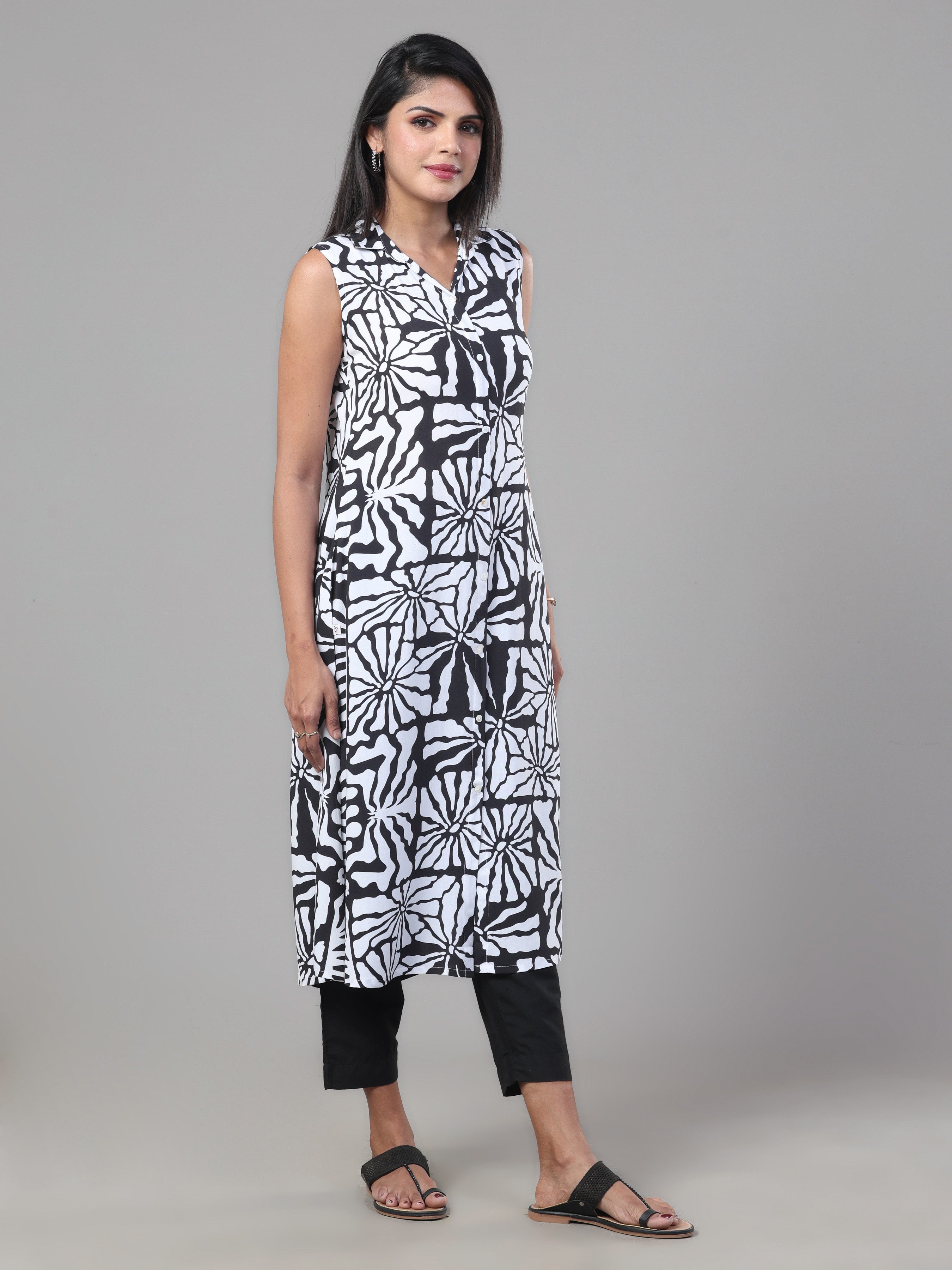 Black And White Viscose Printed Kurti