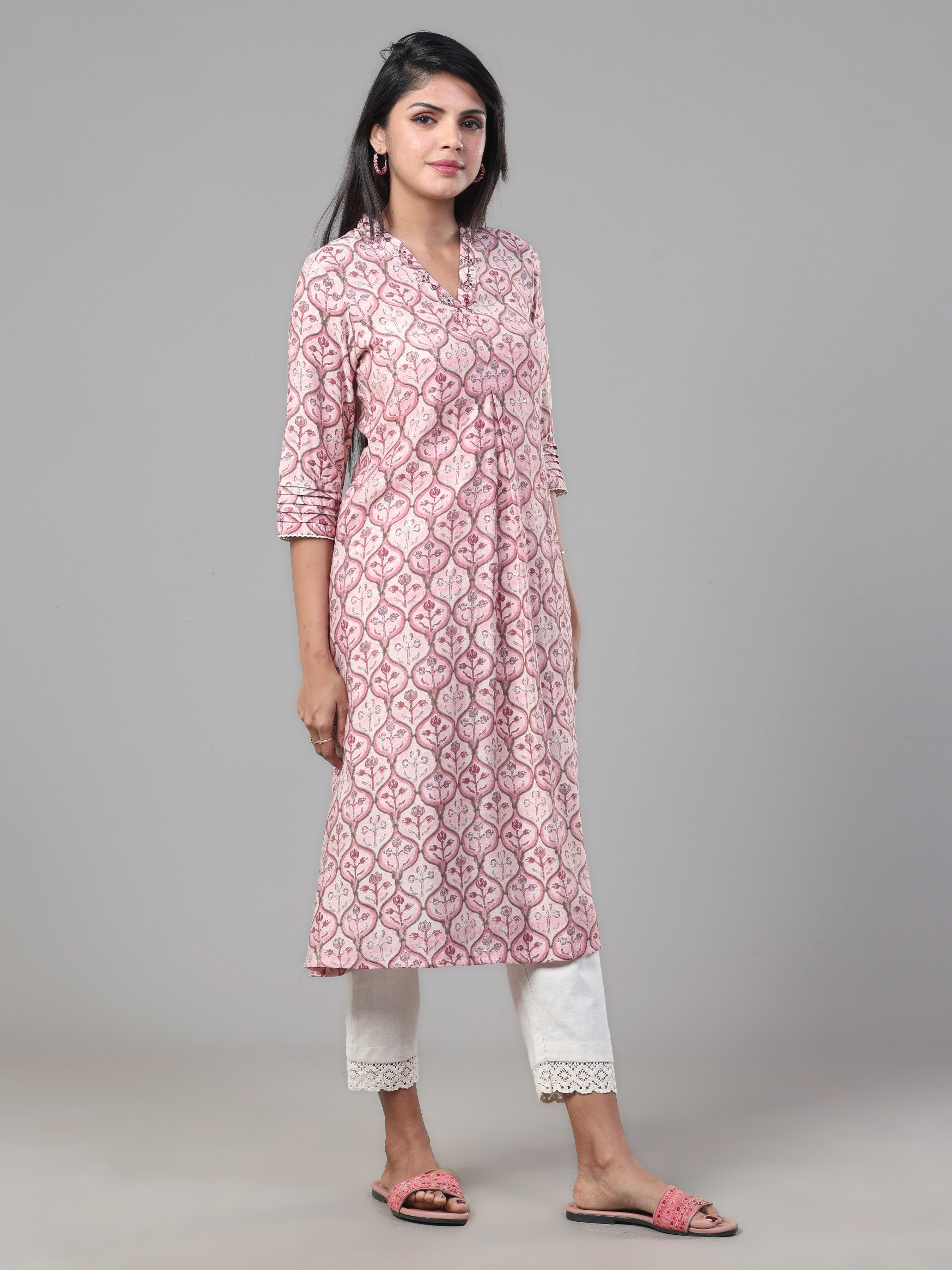 Pink Modal Chanderi Kurti With Embroidery