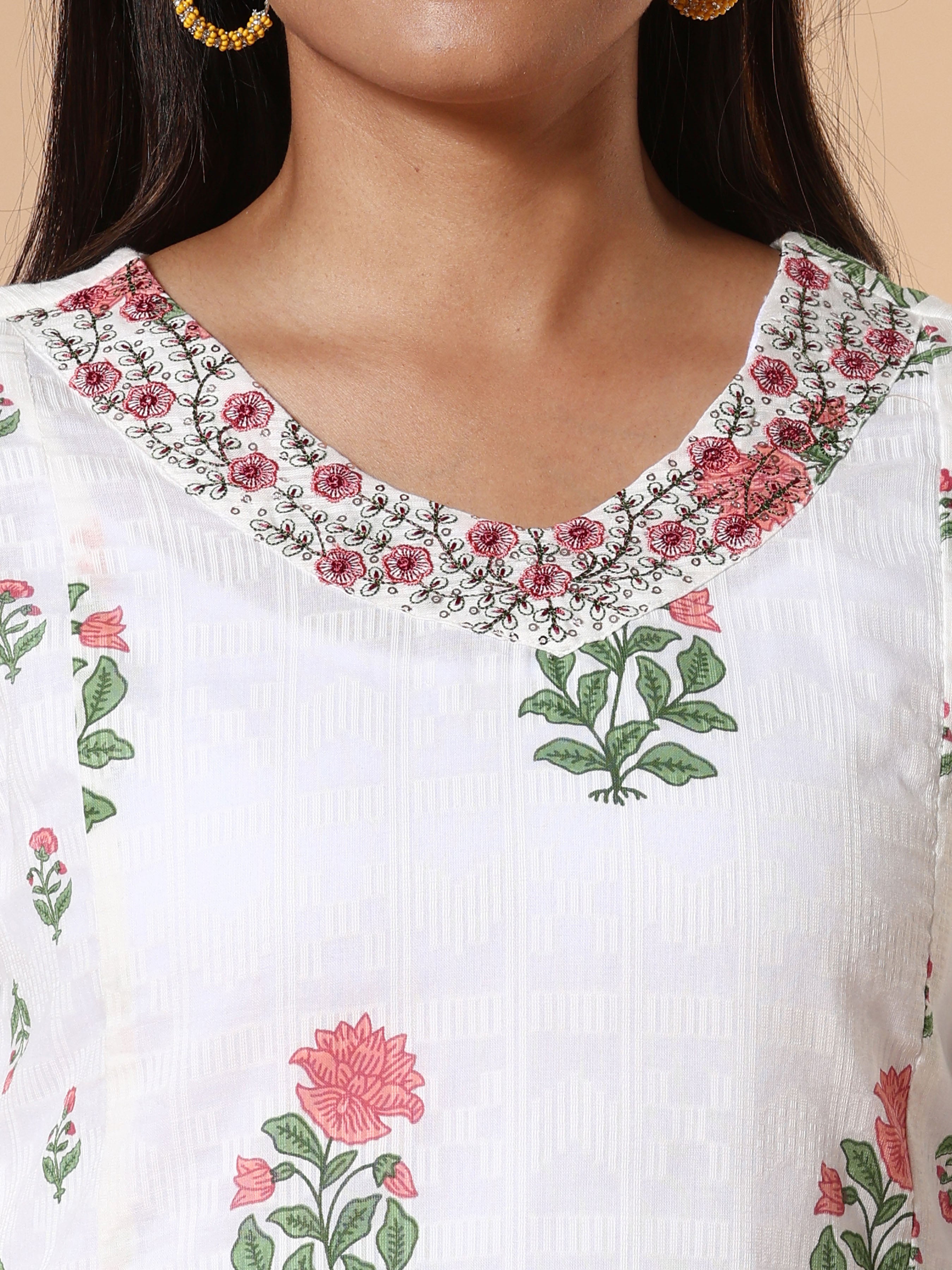 Multi-Colour Cotton Dobby Printed Kurti With Embroidery