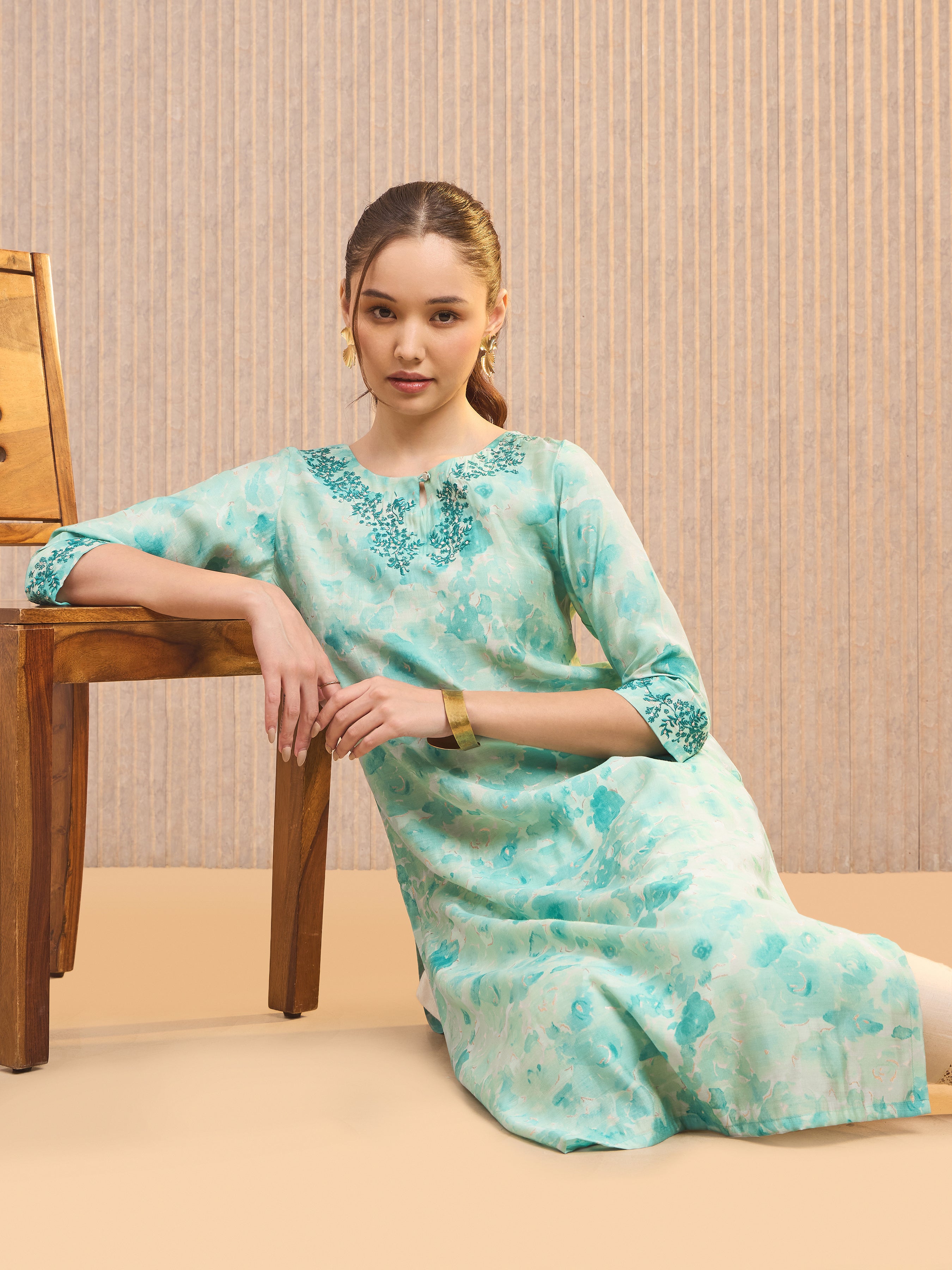 Aqua Green Modal Chanderi Foil Printed Kurti With Embroidery& Sequins Work