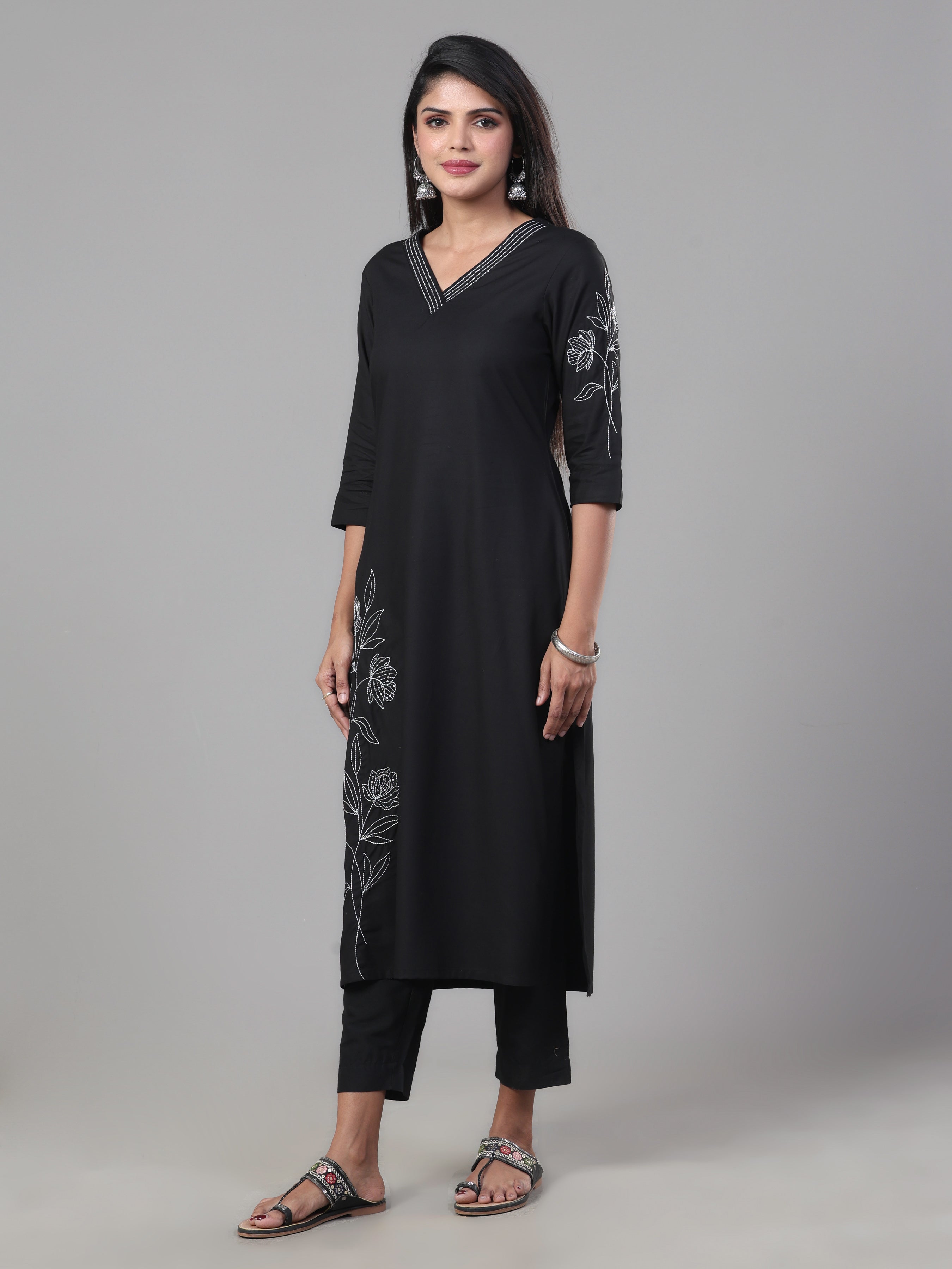 Black Viscose Plain Kurti With Embroidery And Sequins Work