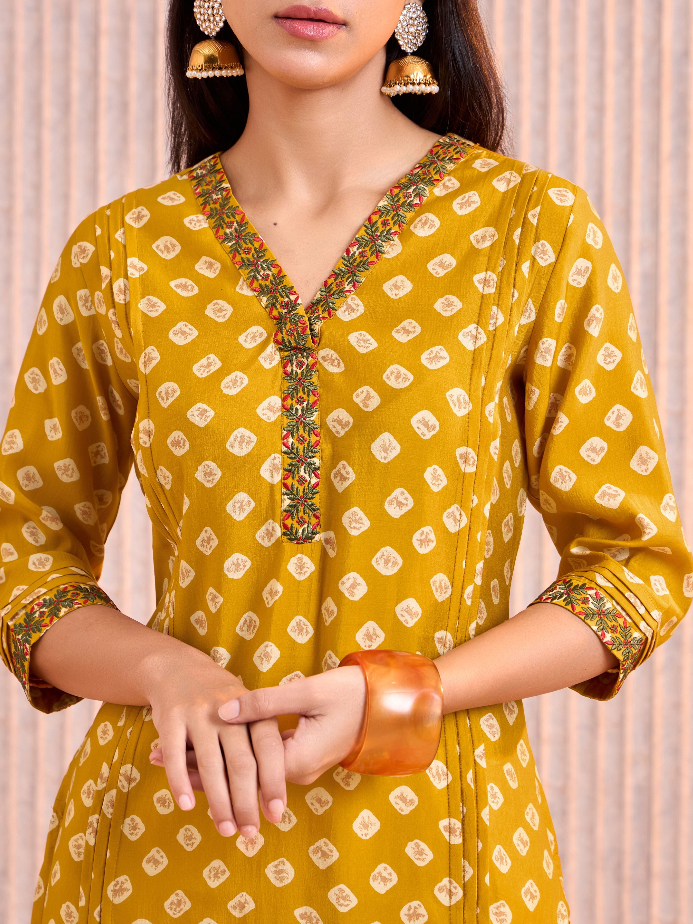 Mustard Modal Chanderi Printed Kurti With Pleats And Embroidery Work