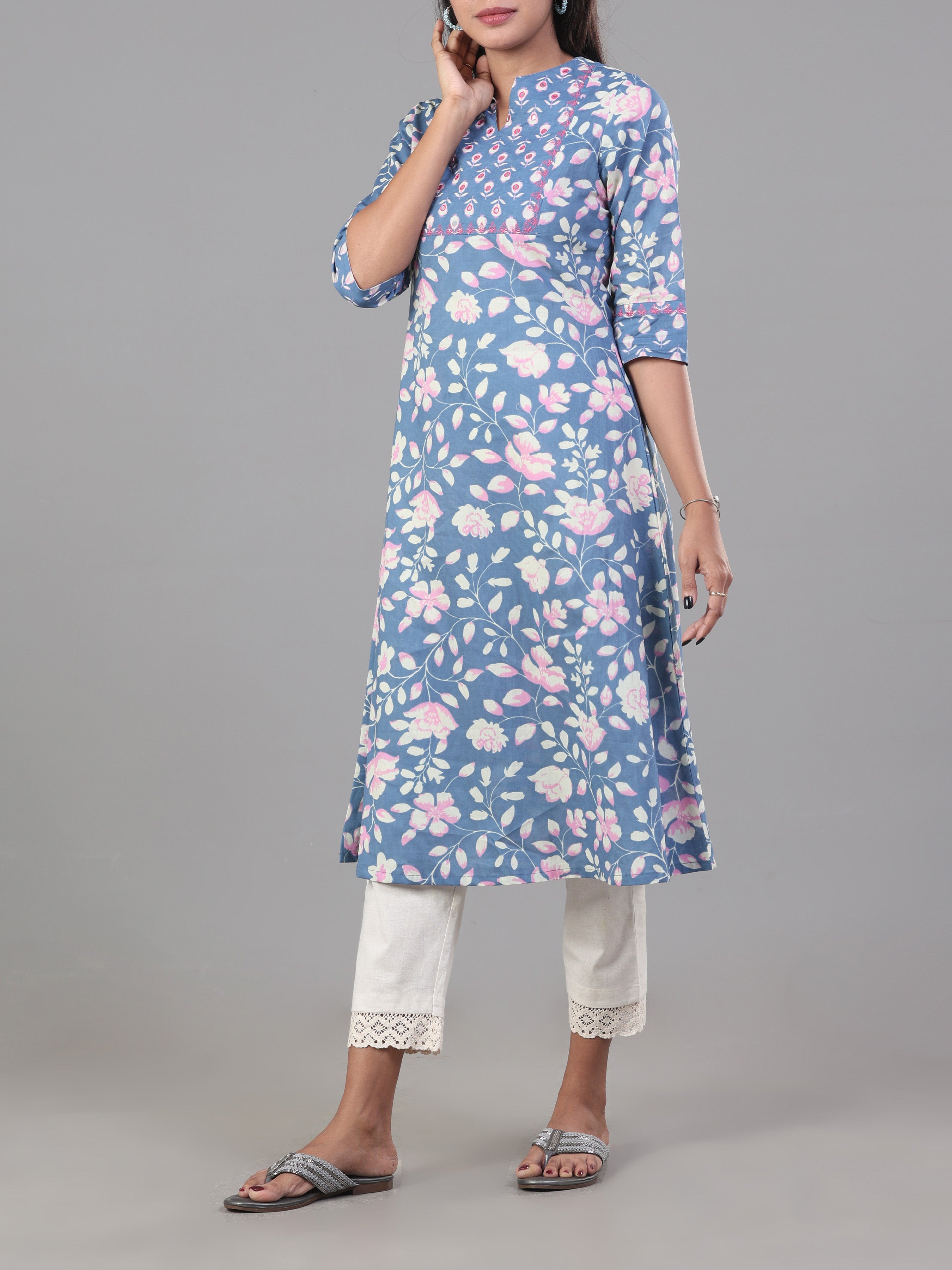 Denim Blue Pure Cotton Printed Kurti With Embroidery