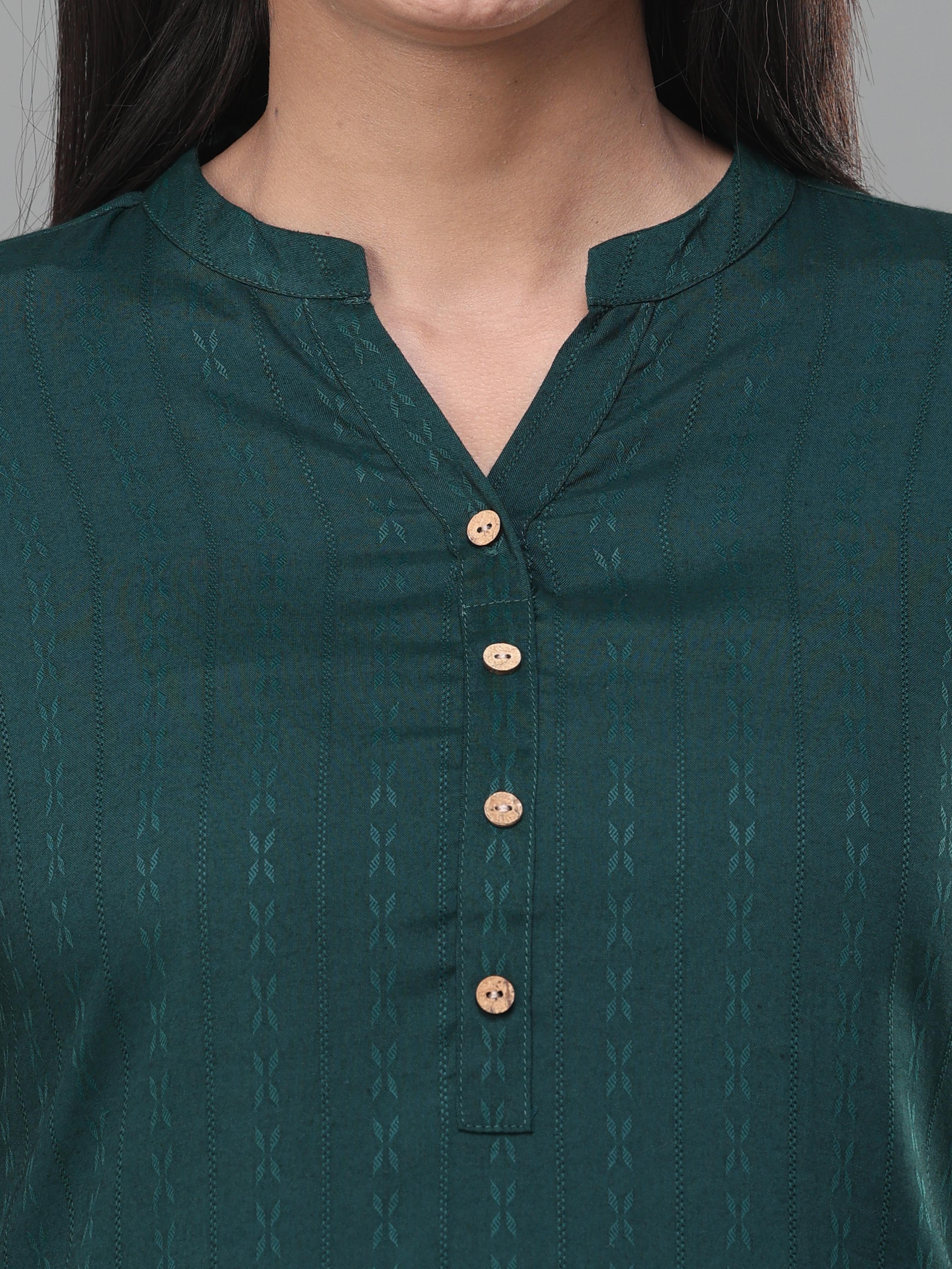 Bottle Green Viscose Jacquard Kurti With Embroidery
