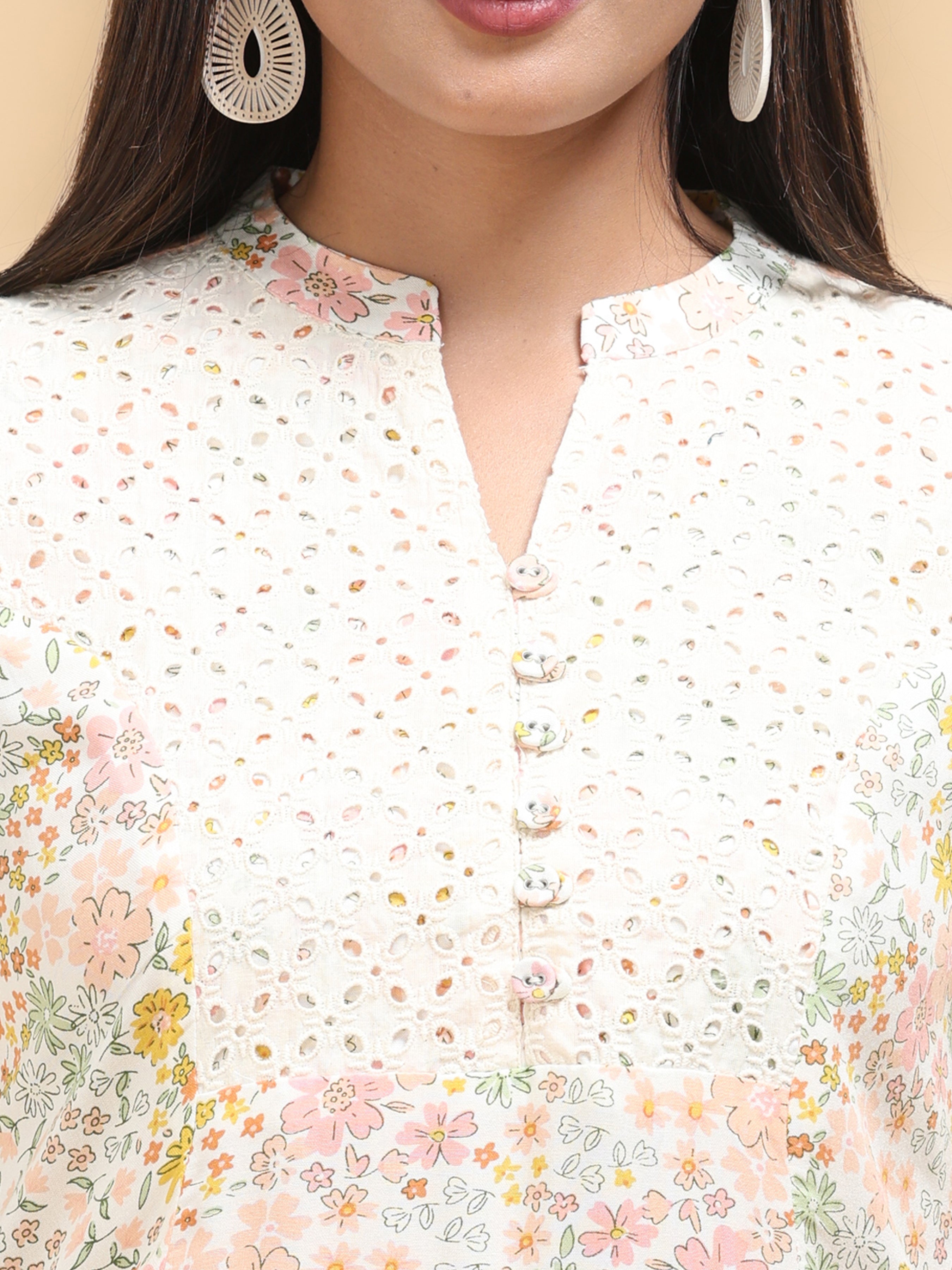 Women Wearing Multi-Color Cotton Kurti With Floral Print