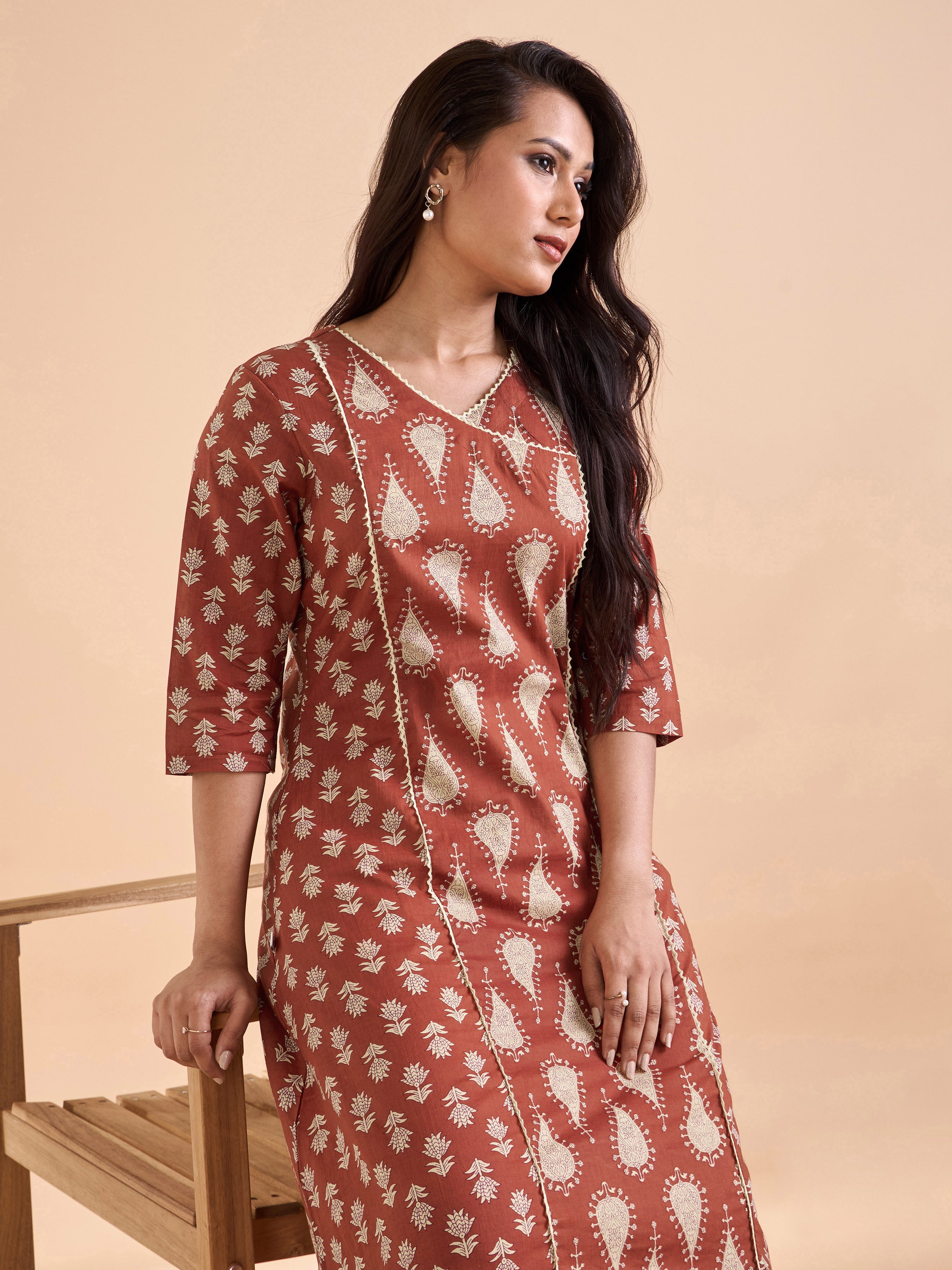 Brick Brown Pure Cotton Printed Kurti With Lace