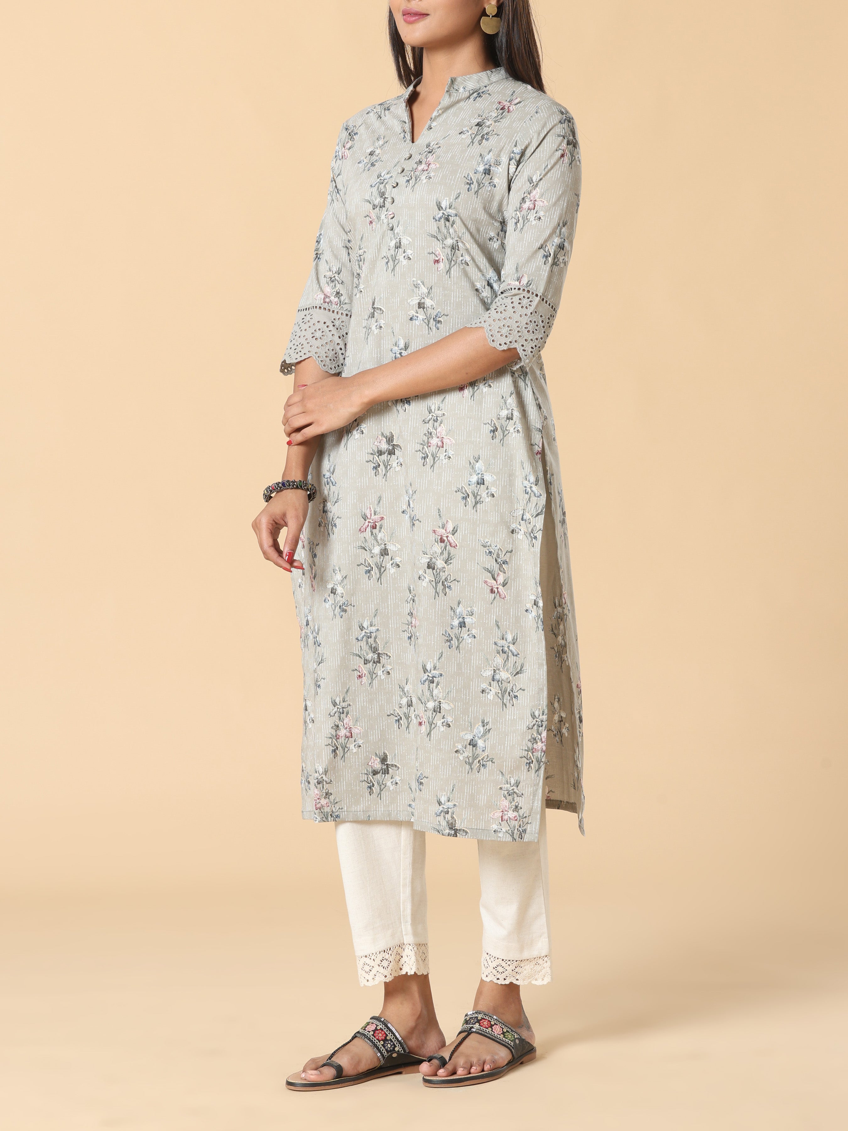 Light Grey Pure Cotton Printed Kurti With Lace Detailing
