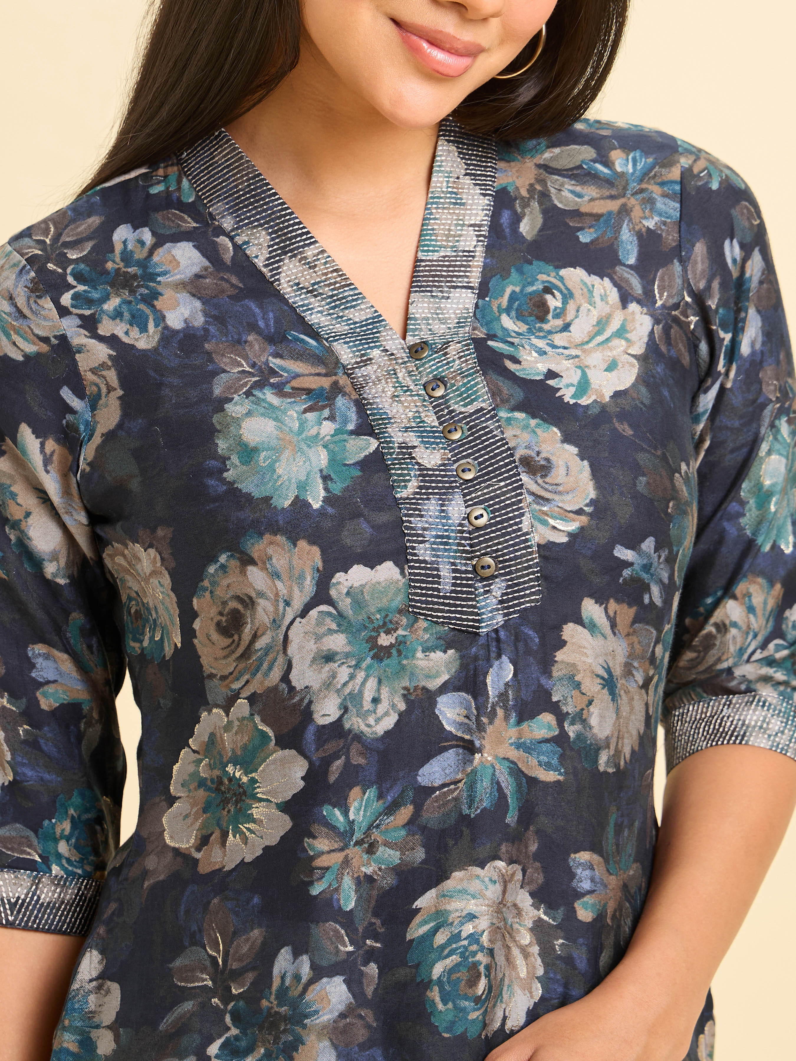 Navy Blue Modal Chanderi Printed Slited Kurti With Embroidery