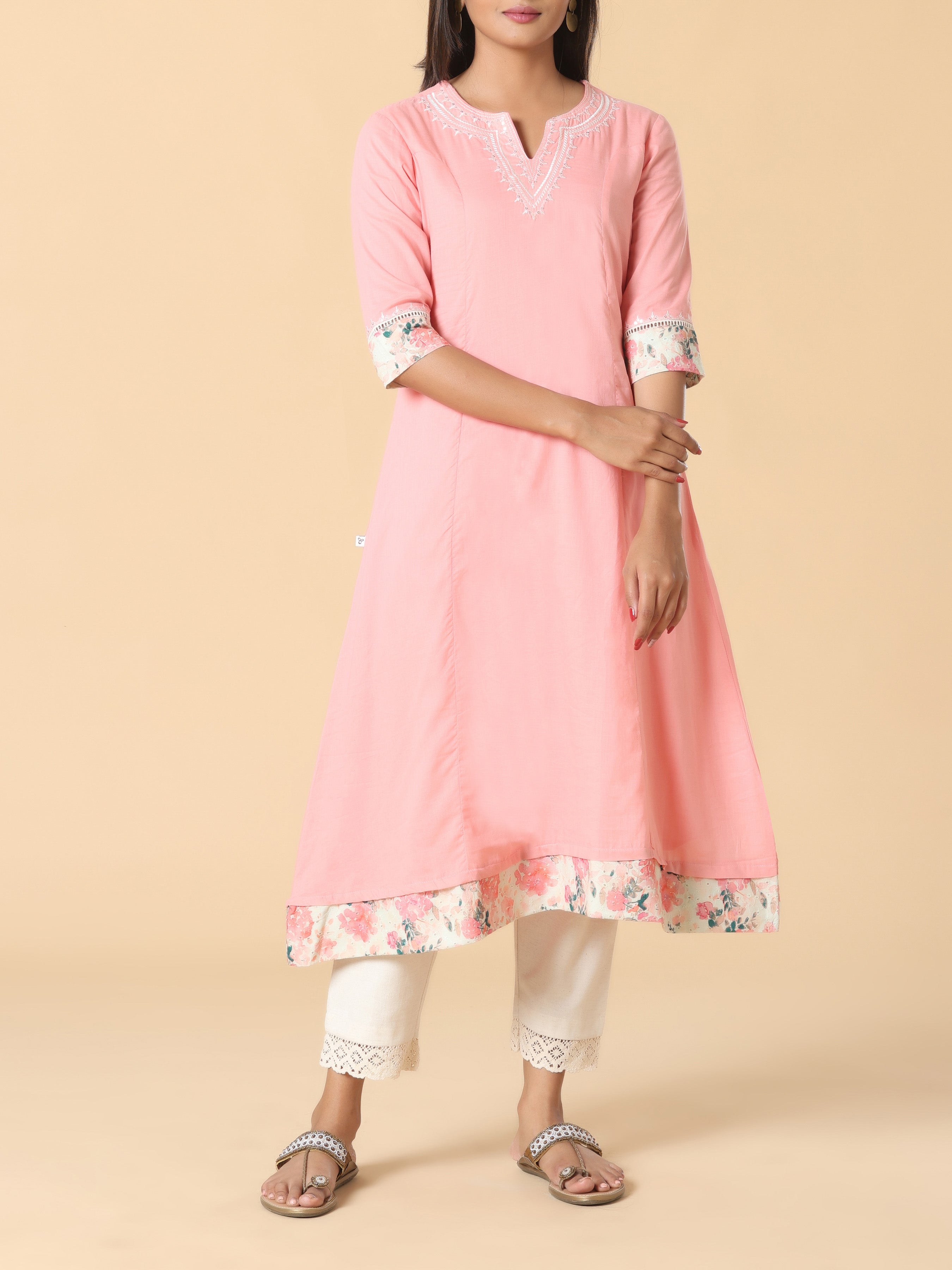 Light Pink Pure Cotton Kurti With Embroidery