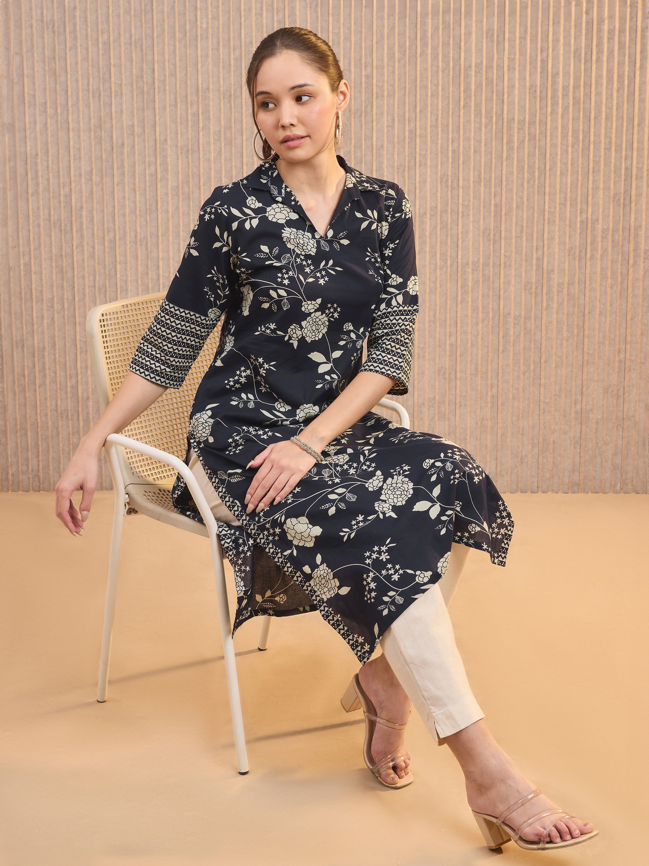 Navy Blue Pure Cotton Printed Kurti With Shirt Collar