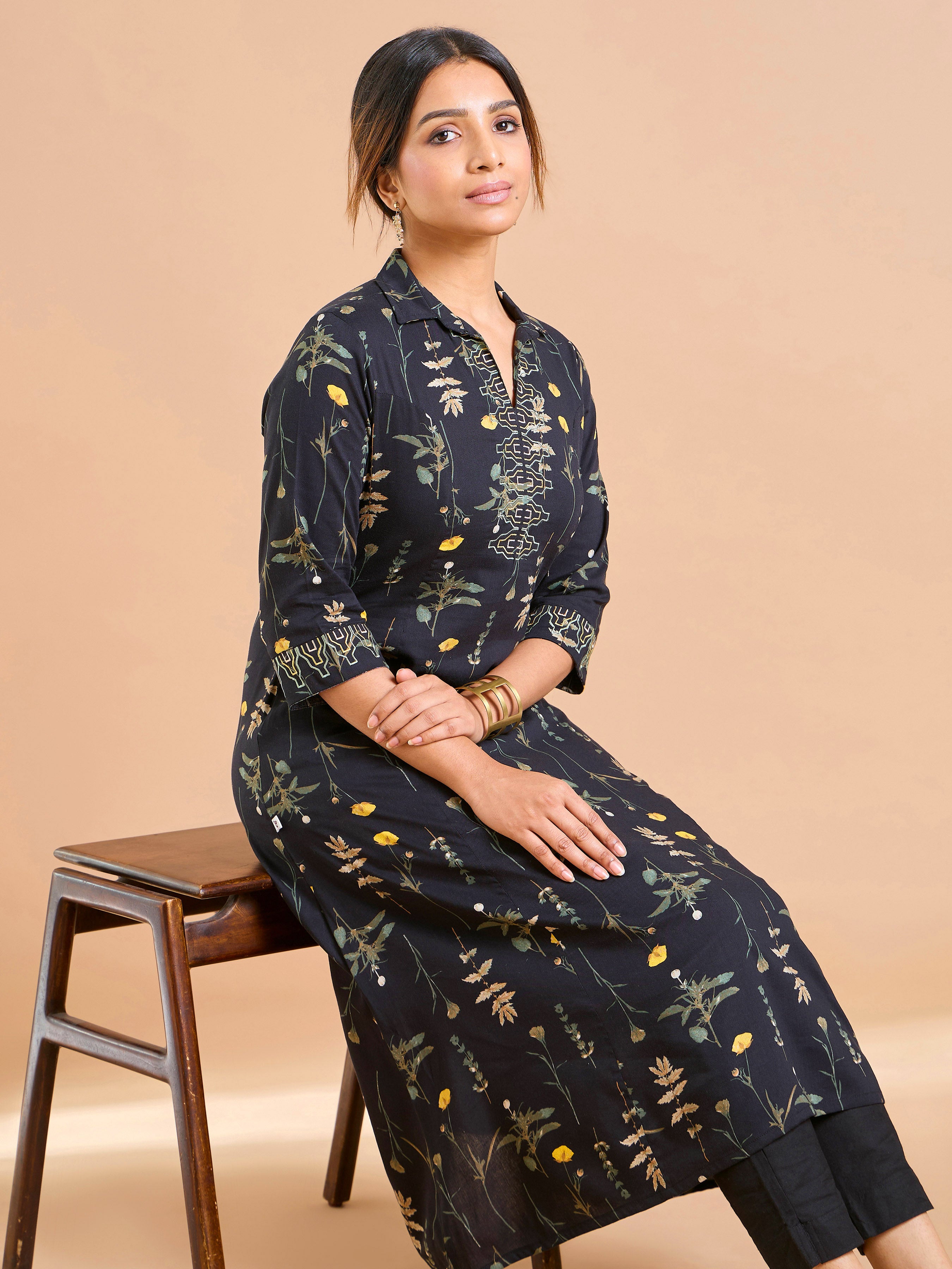 Black PureCotton Printed Kurti With Embroidery