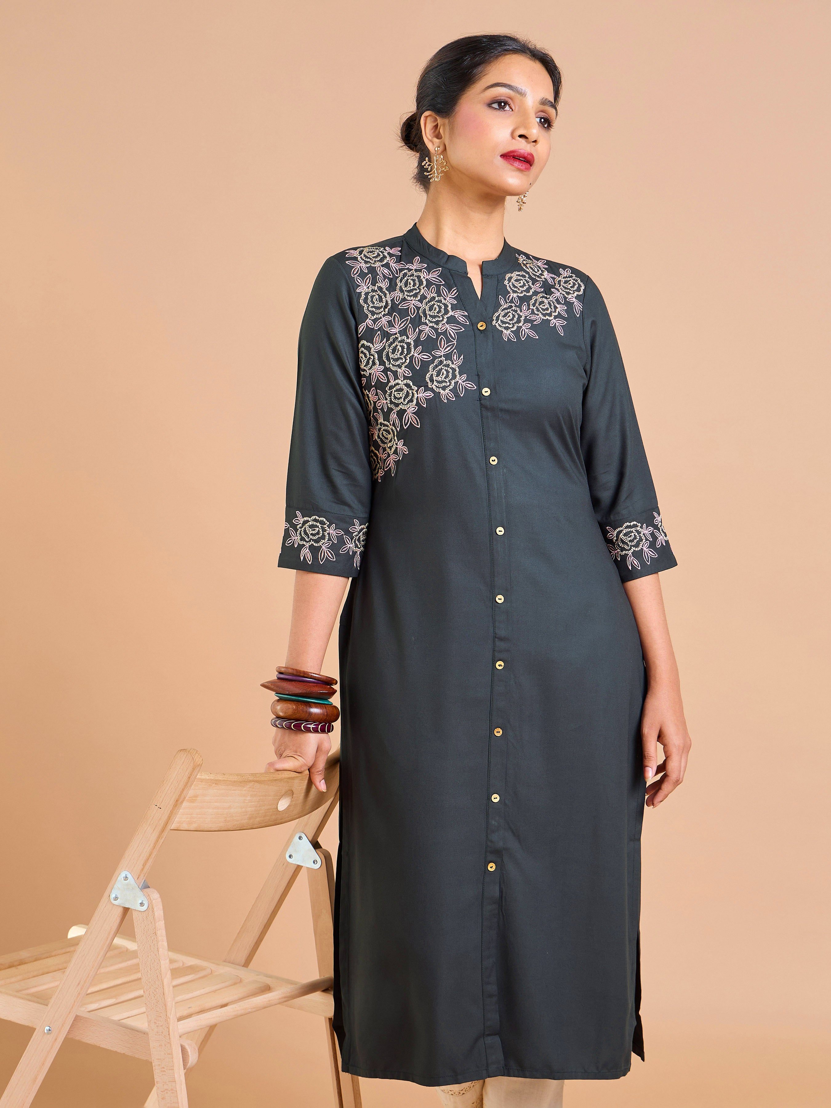 Dark Grey Viscose Plain Kurti With Embroidery