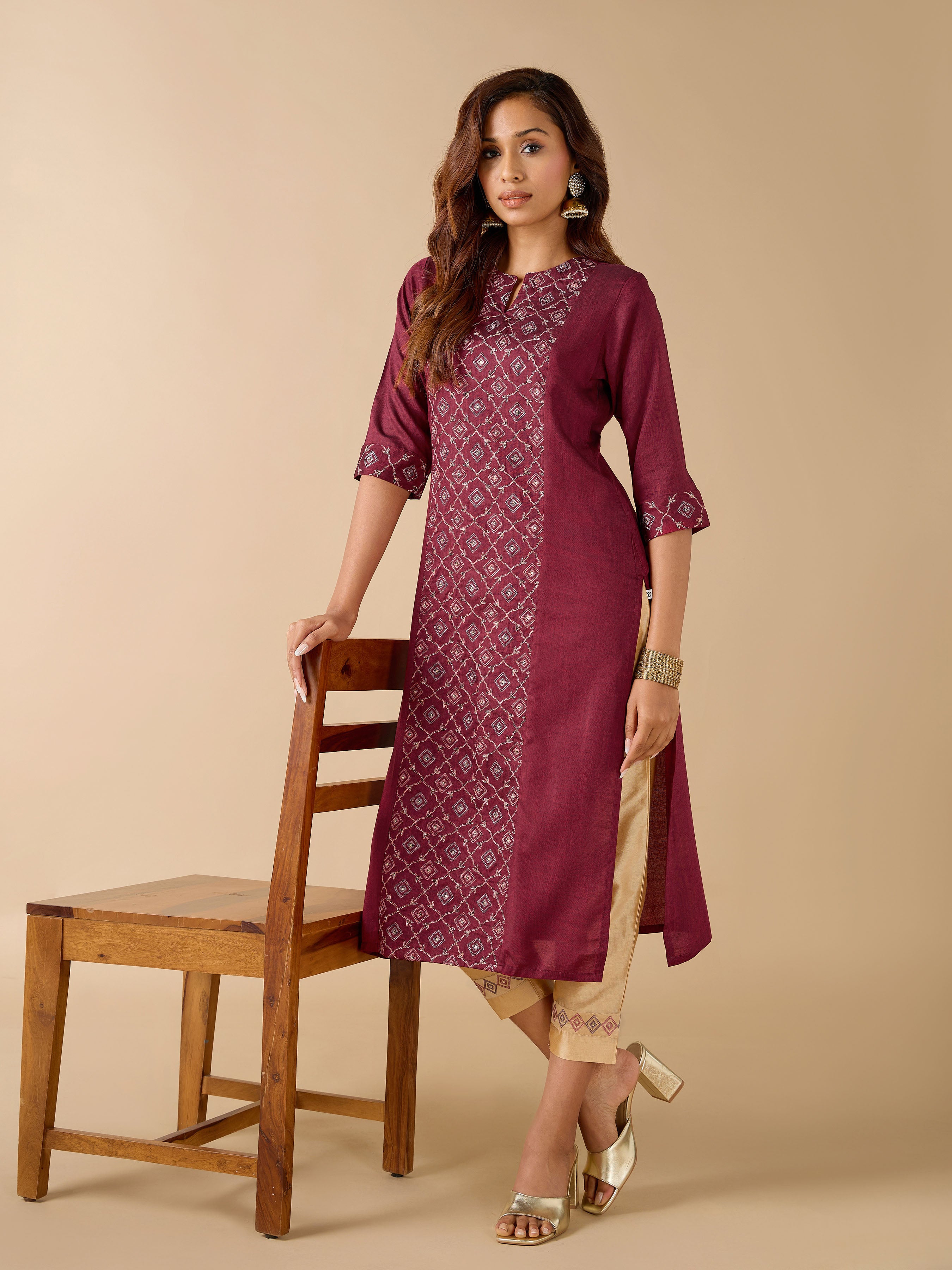 Magenta Viscose Plain Kurti & Bottom Set With Sequins Work