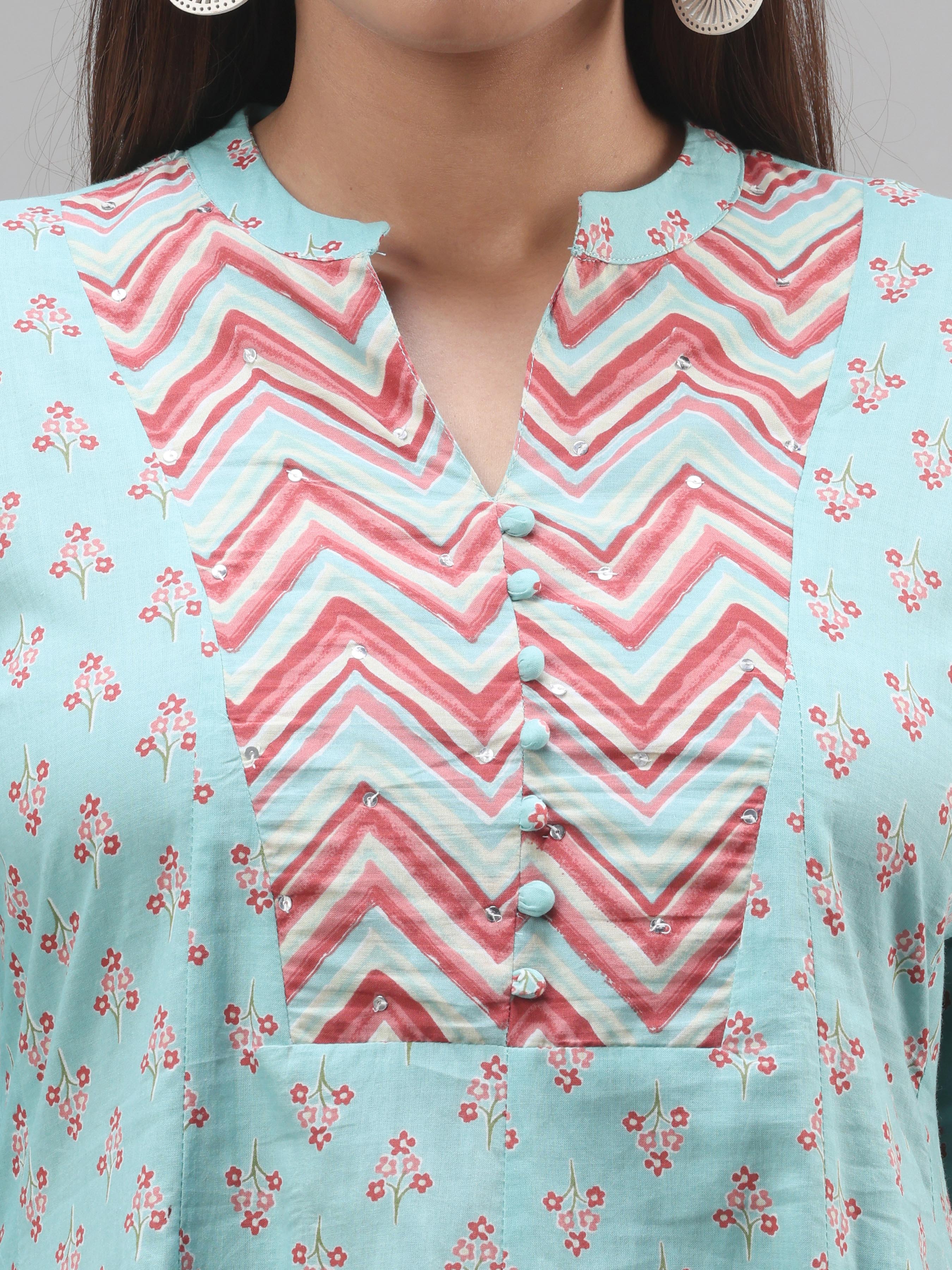 Multi Colour Pure Cotton Printed Kurti With Sequins Work