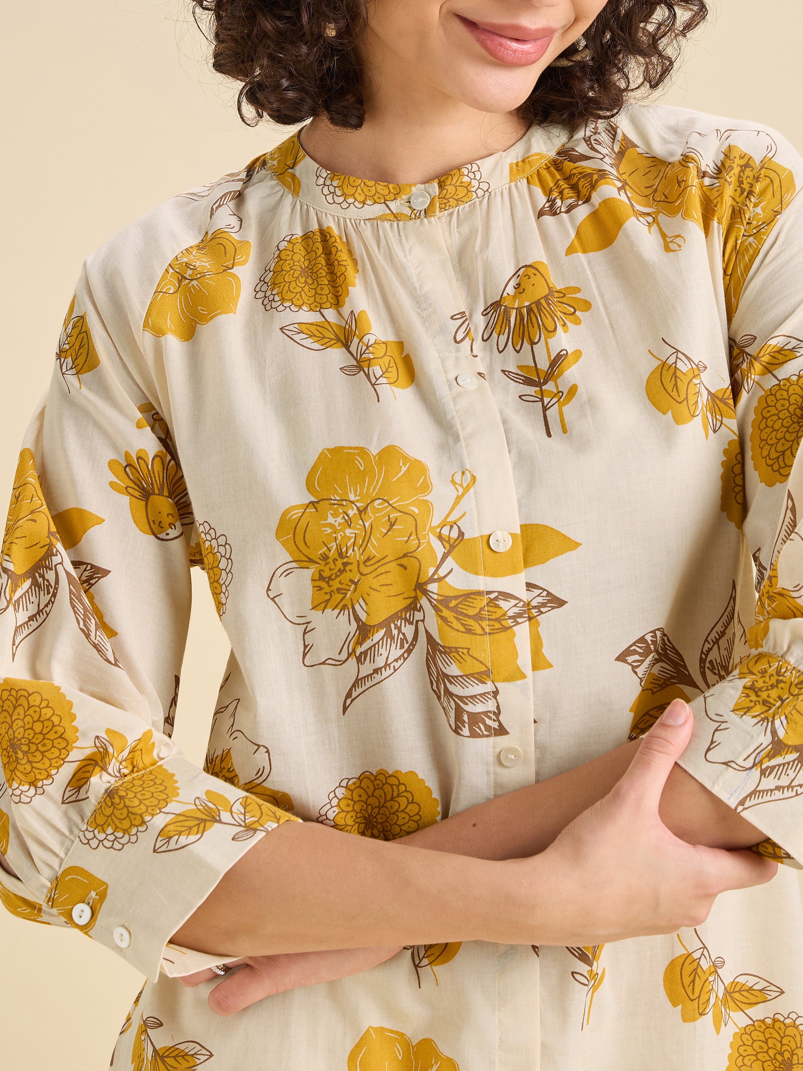 Ivory And Mustard Cotton Printed Kurti With Raglan Sleeve