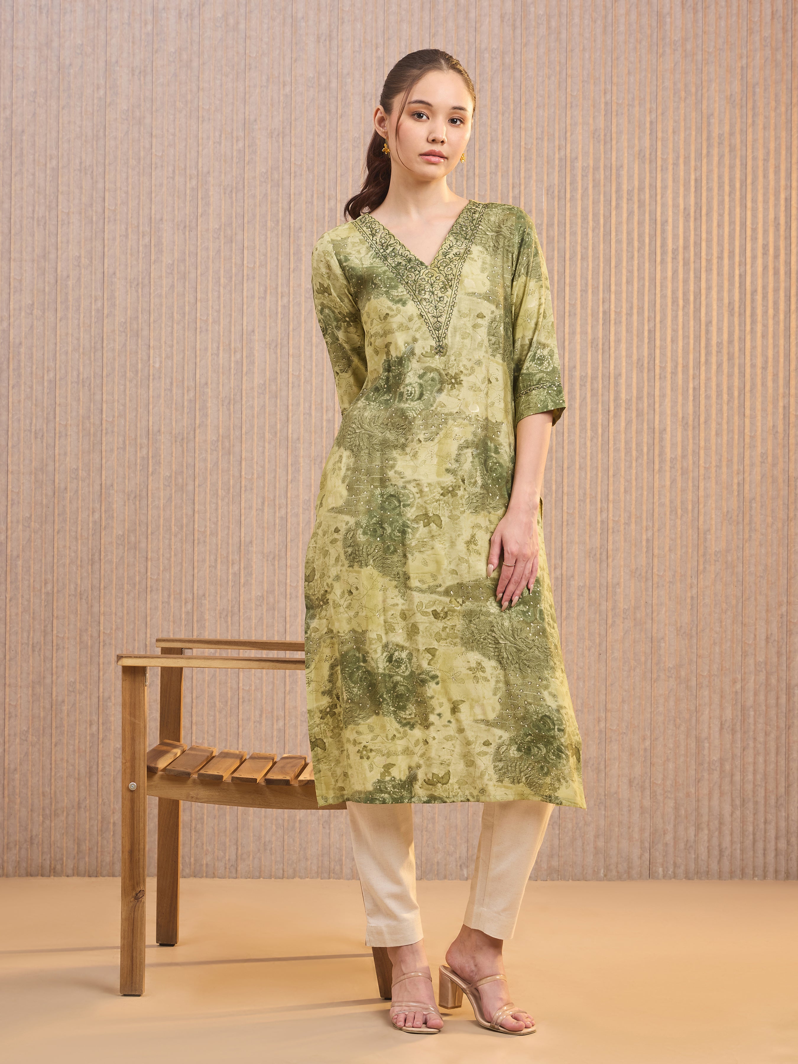 Green Modal Chanderi Foil Printed Kurti With Sequins Work