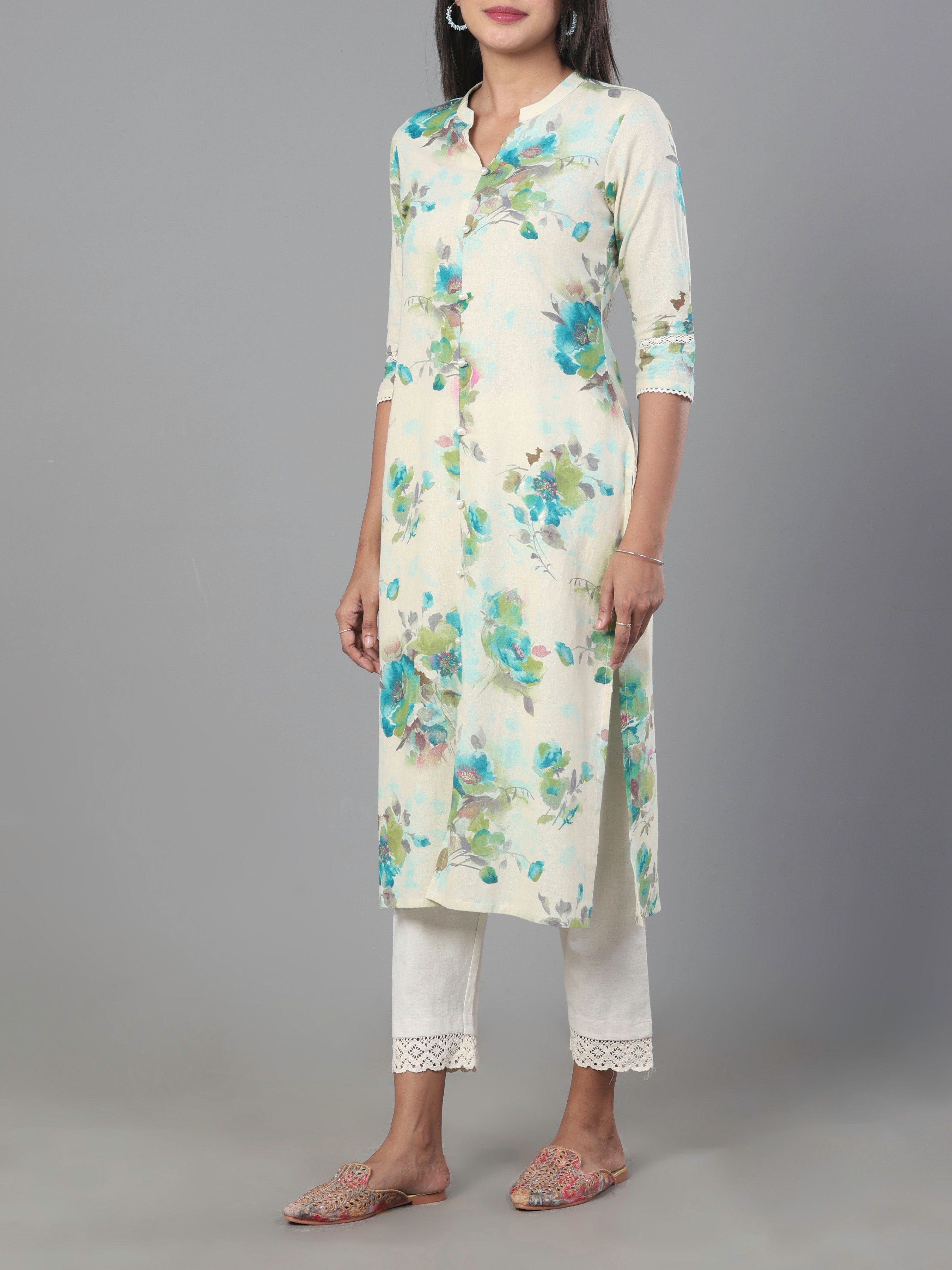 Ivory Cotton Linen Printed Kurti With Lace Detailing