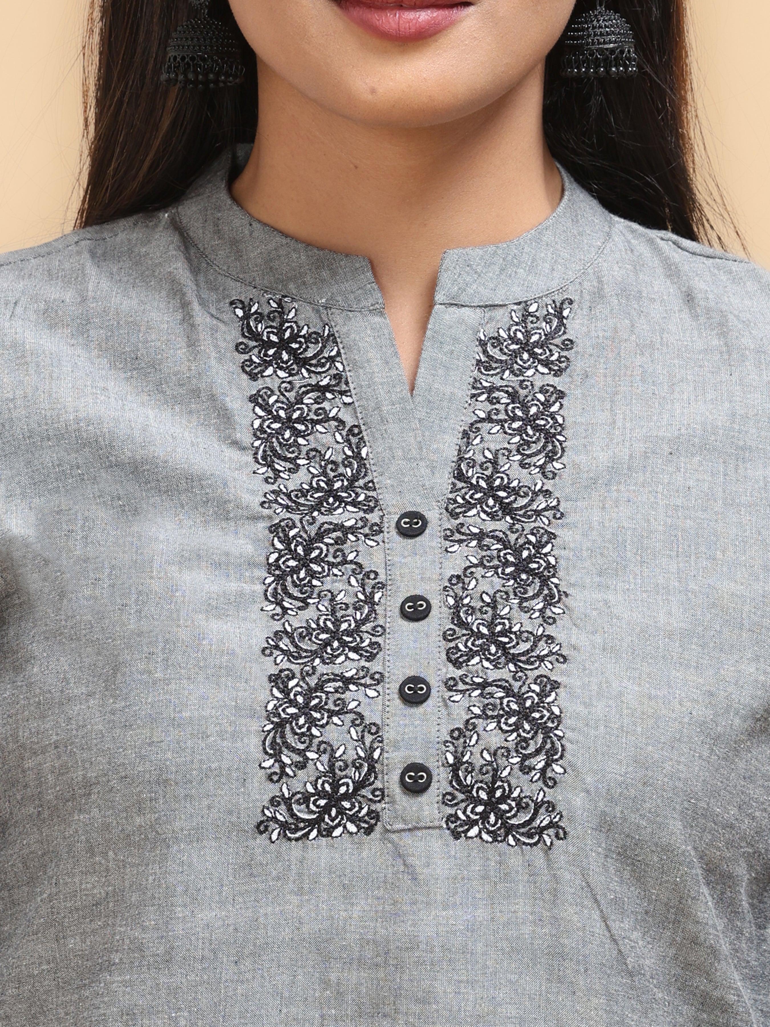 Grey Pure Cotton Kurti With Embroidery