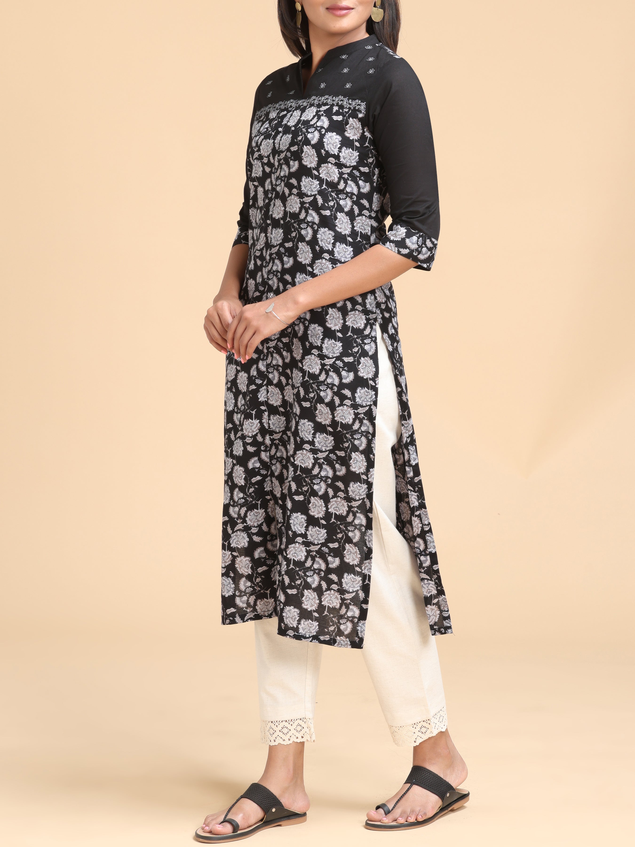 Black Pure Cotton Printed Kurti